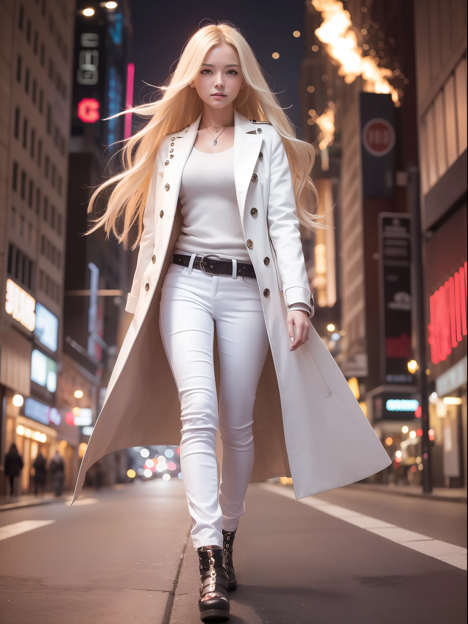 woman long blonde hair, cheerful, white jeans, long white coat, belt, bracelets, holsters, rivets, walking on city street with explosions behind, night, movie poster.