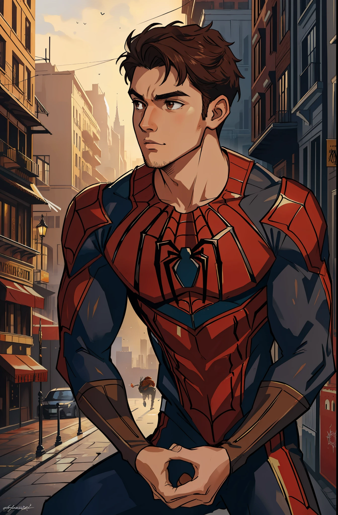 (masterpiece, best quality), intricate details, 8k, artstation, wallpaper, official art, splash art, sharp focus,
Boy, brown eyes, brown hair,
spider suit, spider web printing, spider web,
skyscrapers, city, buildings, building edge