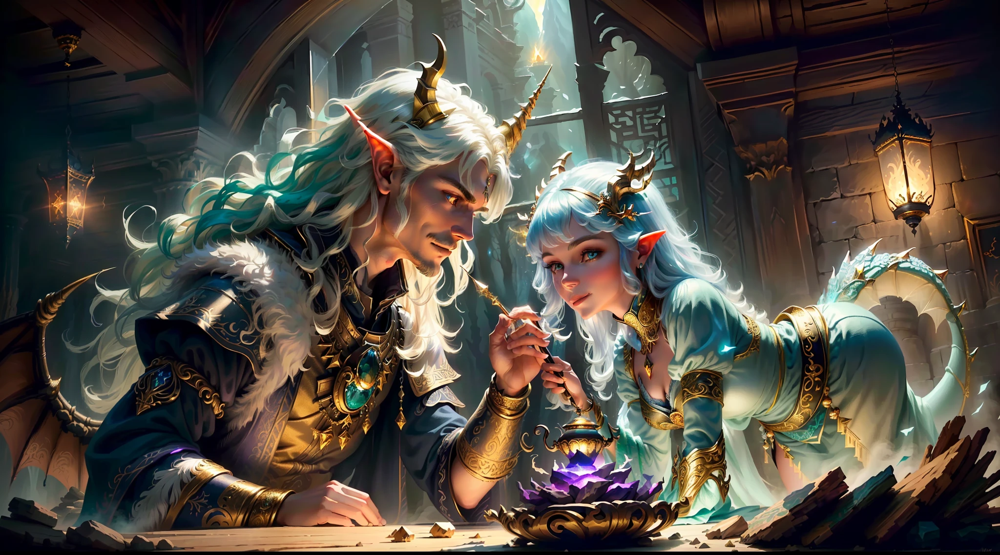 best quality, masterpiece, masterpiece portrait, intricate details, epic light, fantasy, dragons and dungeons, retro, priest, dark elf, 1 girl,2 boys, wooden table, tavern, gray skin, elegant smile, strabismus, close-up portrait of a Mycenaean woman doll with gold jewelry, spider: 0.9, net: 1.0, fantasy, volumetric lighting, concept art, brush stroke style, art station, trend, very detailed, art by Greg Rutkowsk, Amidst a realm of enchantment and mythical wonders, fantasy setting, magical creatures, ethereal beauty, majestic landscapes, shimmering forests, cascading waterfalls, ancient ruins, radiant sunlight, mystical atmosphere, vibrant colors, mystical beings, mythical creatures, fairies, unicorns, dragons, celestial skies, floating islands, hidden realms, whimsical architecture, spellbinding charm, sparkling crystals, gentle breeze, captivating aurora, wisps of magic, ethereal glow, awe-inspiring vistas