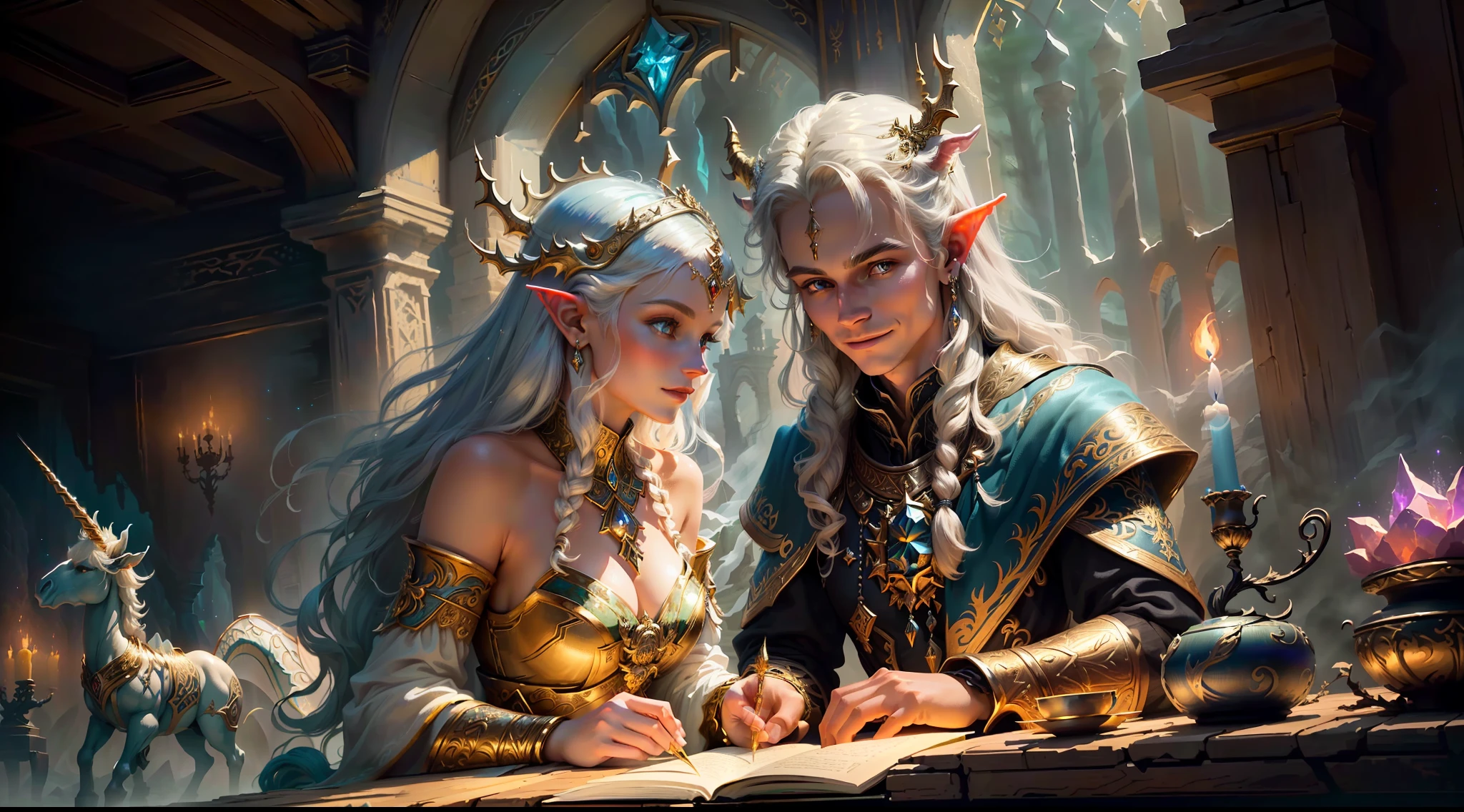 best quality, masterpiece, masterpiece portrait, intricate details, epic light, fantasy, dragons and dungeons, retro, priest, dark elf, 1 girl,2 boys, wooden table, tavern, gray skin, elegant smile, strabismus, close-up portrait of a Mycenaean woman doll with gold jewelry, spider: 0.9, net: 1.0, fantasy, volumetric lighting, concept art, brush stroke style, art station, trend, very detailed, art by Greg Rutkowsk, Amidst a realm of enchantment and mythical wonders, fantasy setting, magical creatures, ethereal beauty, majestic landscapes, shimmering forests, cascading waterfalls, ancient ruins, radiant sunlight, mystical atmosphere, vibrant colors, mystical beings, mythical creatures, fairies, unicorns, dragons, celestial skies, floating islands, hidden realms, whimsical architecture, spellbinding charm, sparkling crystals, gentle breeze, captivating aurora, wisps of magic, ethereal glow, awe-inspiring vistas