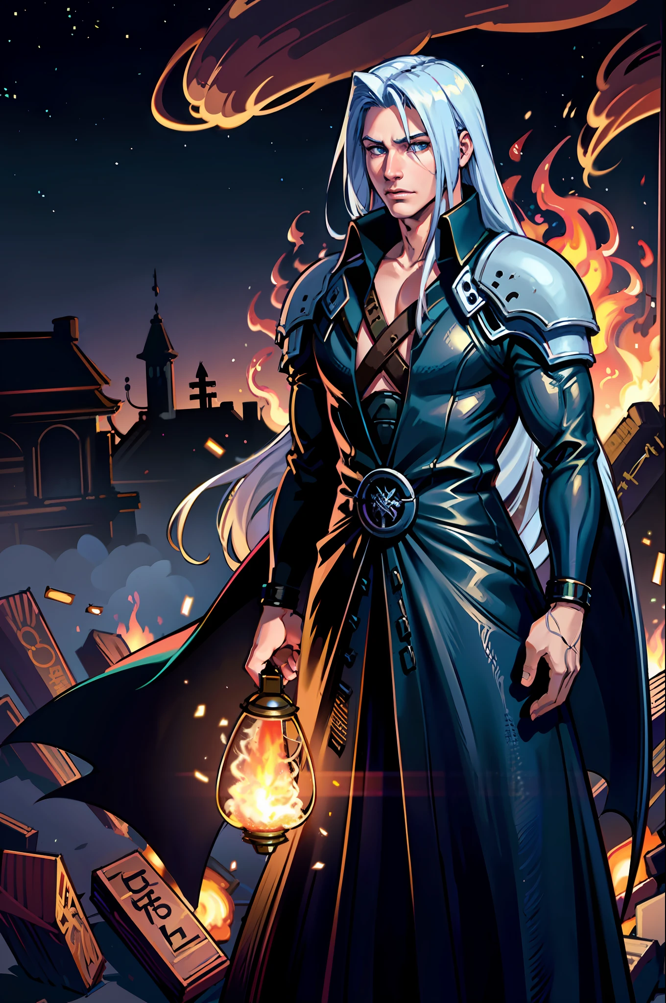 (best quality), (masterpiece), (realistic), (photorealistic), ultra-detailed, frontal, 1boy, standing, (looking at the viewer), Sephiroth (Final Fantasy), Sephiroth, Beautiful Hand, Dark Theme, Village, (Fire Location:1.4),(Fire:1.4), (Fire:1.3), Professional Lighting, Photon Mapping, Physical Rendering,