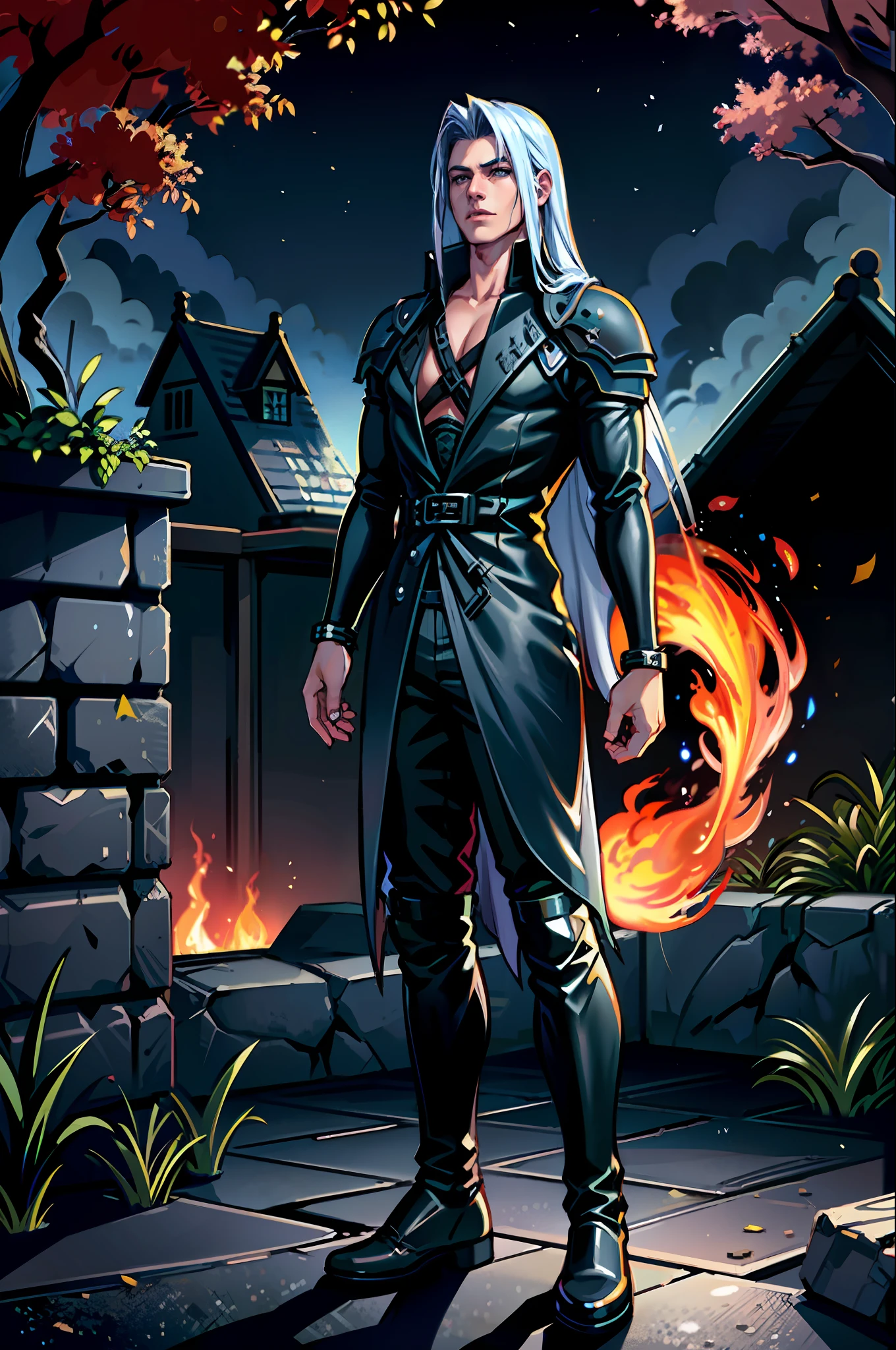 (best quality), (masterpiece), (realistic), (photorealistic), ultra-detailed, frontal, 1boy, standing, (looking at the viewer), Sephiroth (Final Fantasy), Sephiroth, Beautiful Hand, Dark Theme, Village, (Fire Location:1.4),(Fire:1.4), (Fire:1.3), Professional Lighting, Photon Mapping, Physical Rendering,