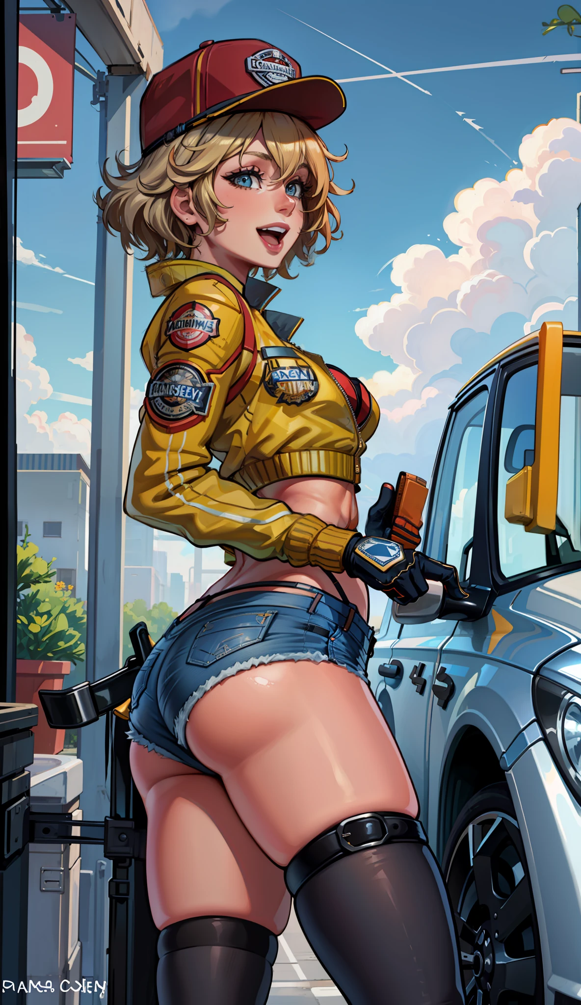 masterpiece, best quality, cindy aurum, baseball cap, cropped jacket, orange bra, black gloves, denim shorts, black stockings, standing, bending over, car, from side, garage, blue sky, smile, open mouth, happy