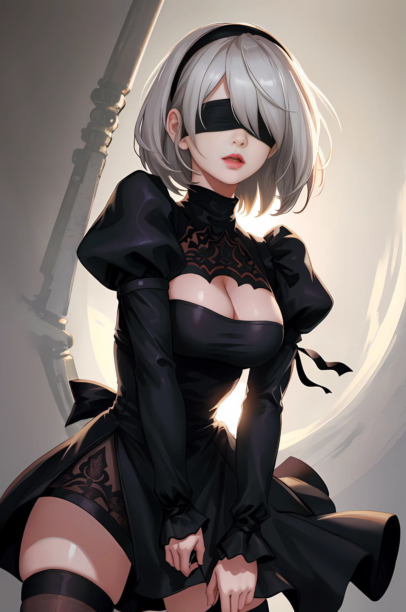 Yorha2b, masterpiece, (photorealistic: 1.4), top quality, beautiful lighting, 1 girl, mother, (blindfolded)), breasts, cleavage, hair band, hi-res, juliet sleeves, long sleeves, nier automata, red lips (puffy sleeves), shading face, short hair, solo, turtleneck, upper body, gray hair, Sky RAW Photography, 8K UHD, Film Grain