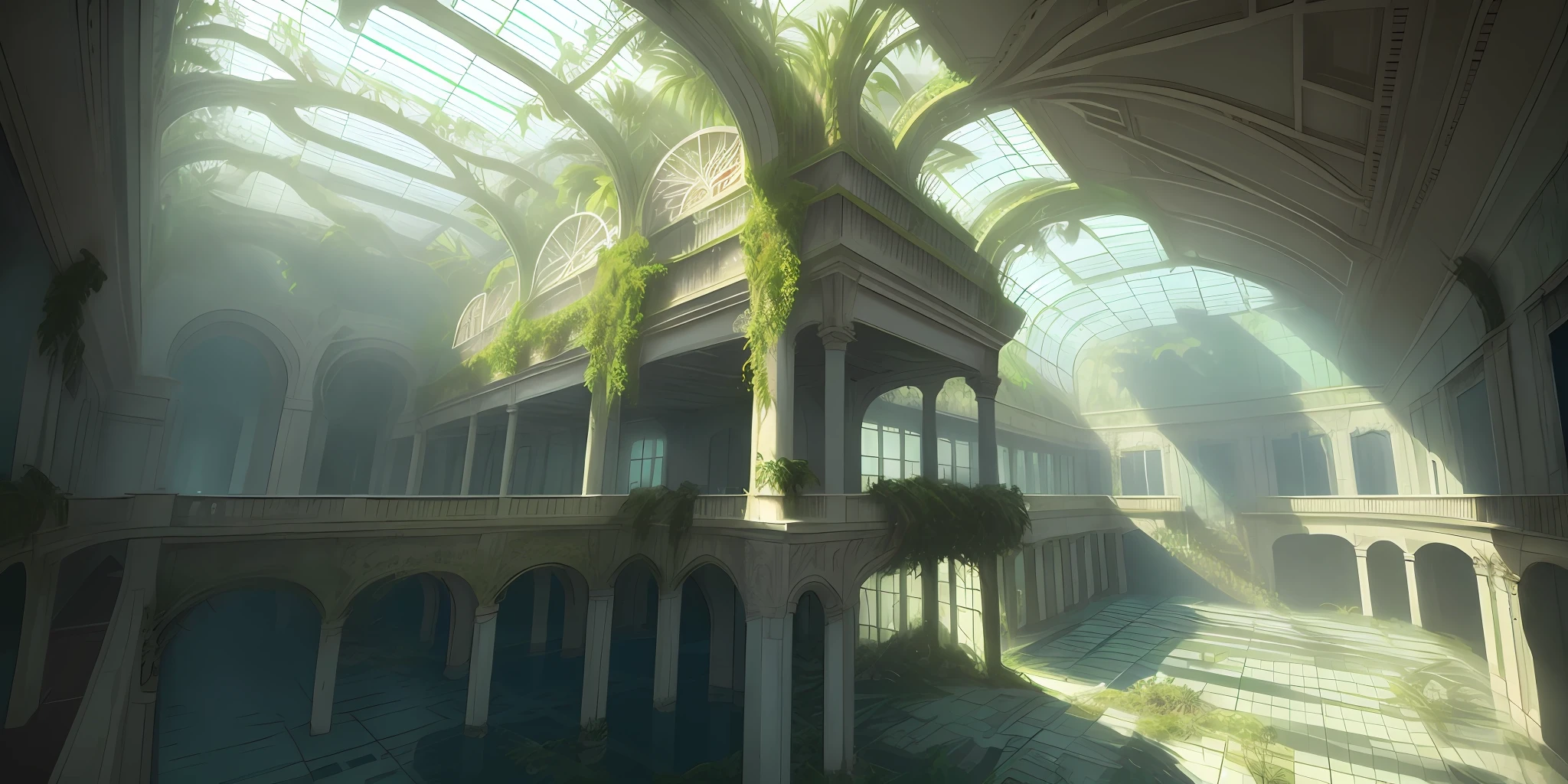 Large fantasy abandoned mall, flooded floor, glass ceiling, upstairs viewpoint with parapet, trees, vines, orchids, bromeliads, palm trees, ornaments, golden, many plants, tropical plants, marble walls, dynamic light, 8K, masterpiece, ultra detailed, beautiful.