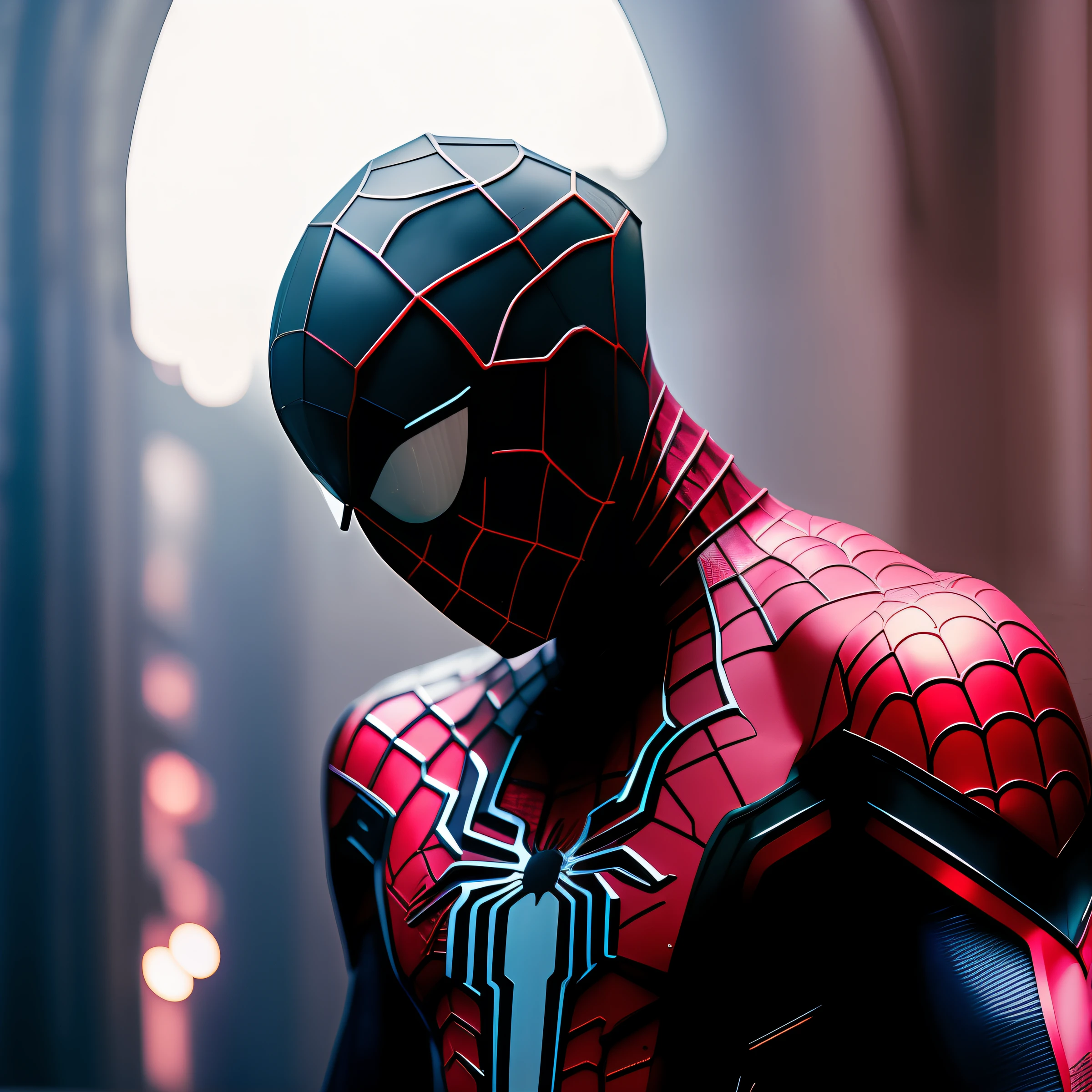 gloomy portrait of Bloody Spider-Man from Marvel with intricate angular cybernetic implants inside a brutalist building, gothic brutalist cathedral, cyberpunk, award-winning photo, bokeh, neon lights, cybernetic limb