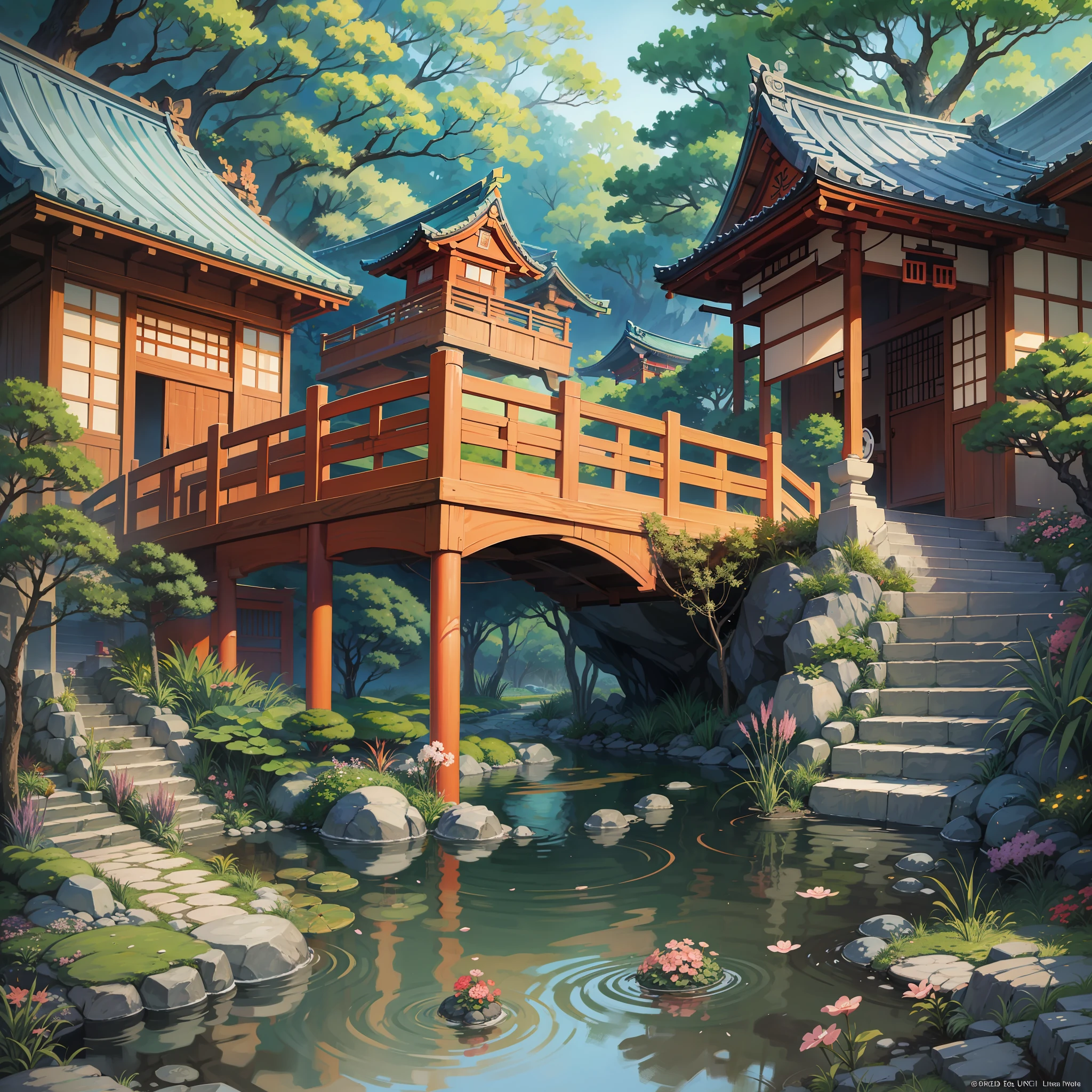 there is a cartoon image of a Japanese garden with a bridge, a digital painting inspired by Tōshi Yoshida, pixiv contest winner, ukiyo-e, anime background art, anime field landscape, anime background, zen temple background, Japanese art style, anime scenery, anime landscape, real garden background, Detailed scenery art