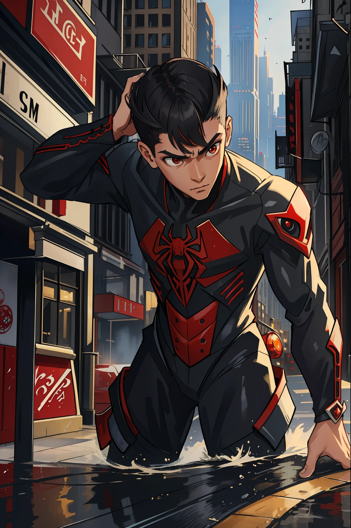 (masterpiece, best quality), intricate details, 8k, artstation, wallpaper, official art, splash art, sharp focus,
1Hoem, Danzel Worlk, white curly v-fade mid fade, red eyes, black hair,
spider suit,
skyscrapers, city, buildings, cars, street,