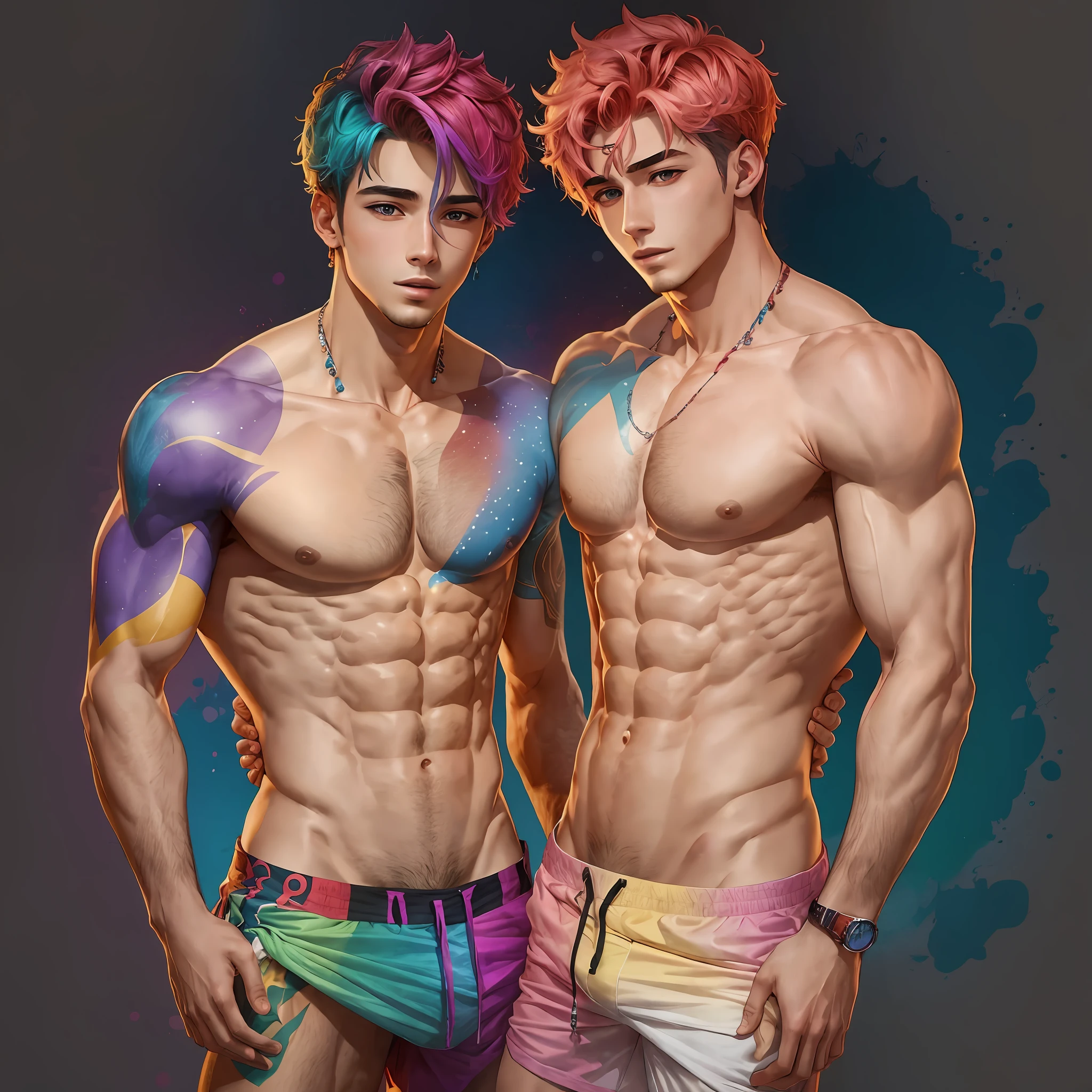 2 beautiful guys, shirtless, body defined, vibrant colors, boyfriends --auto --s2