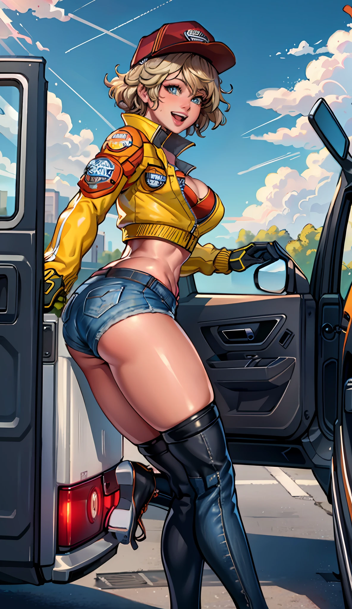 masterpiece, best quality, cindy aurum, baseball cap, cropped jacket, orange bra, black gloves, denim shorts, black stockings, standing, bending over, car, from side, garage, blue sky, smile, open mouth, happy