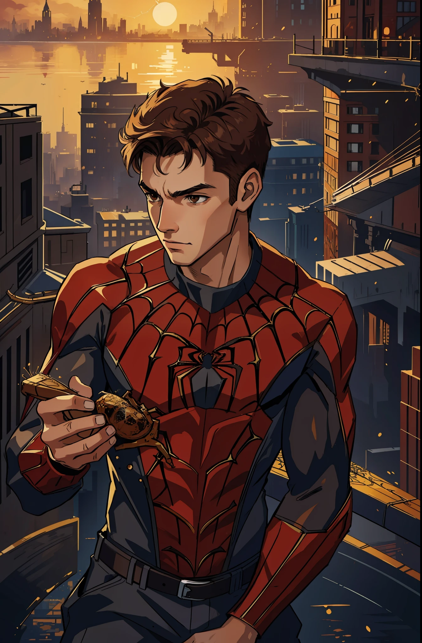 (masterpiece, best quality), intricate details, 8k, artstation, wallpaper, official art, splash art, sharp focus,
1boy, brown eyes, brown hair,
spider suit, spider web printing, spider web,
skyscrapers, city, buildings,