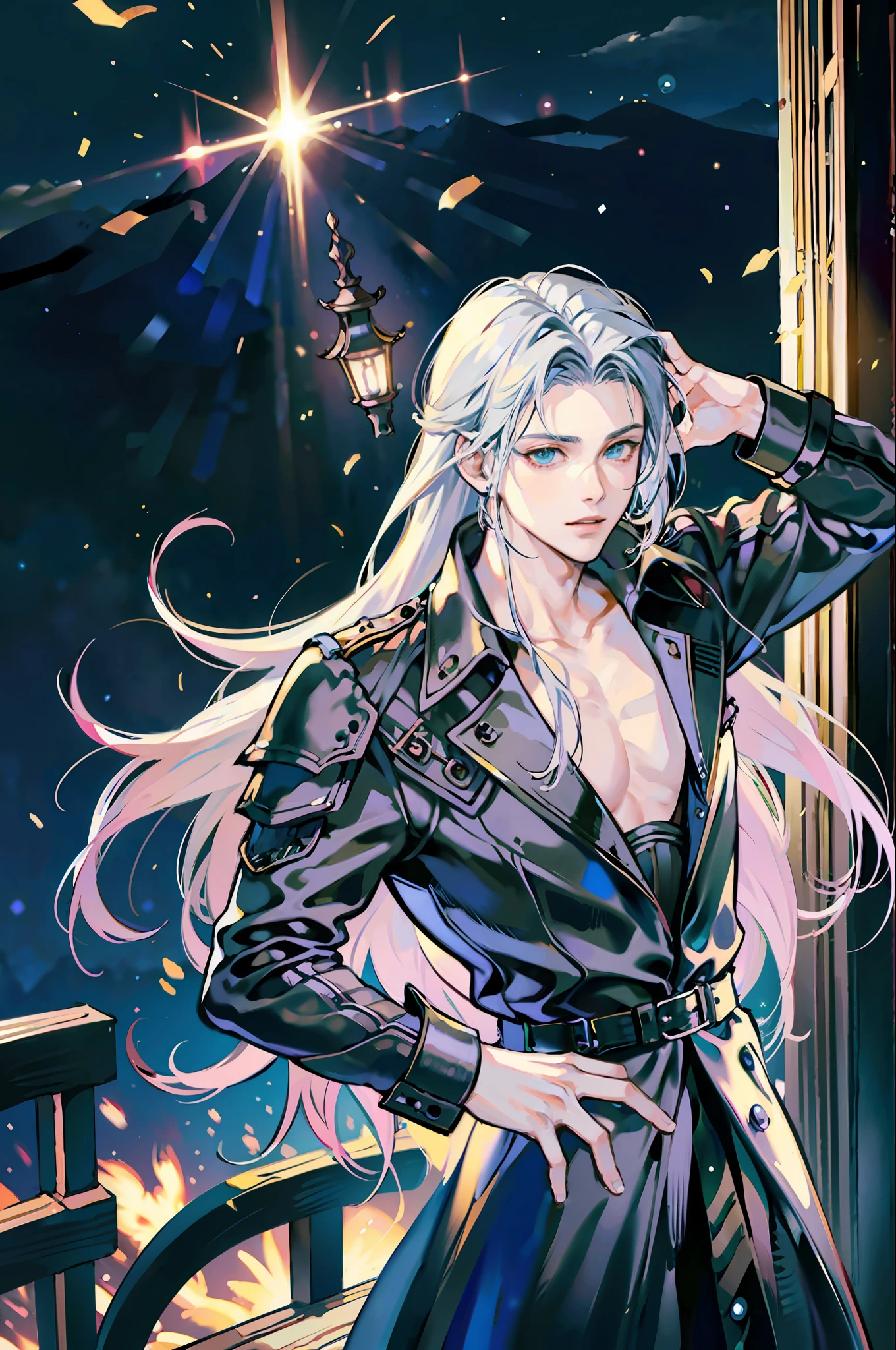 (best quality), (masterpiece), (realistic), (photorealistic), ultra-detailed, frontal, 1boy, standing, (looking at the viewer), Sephiroth (Final Fantasy), Sephiroth, raised hand, dark theme, village, professional lighting, photon mapping, physical rendering,
