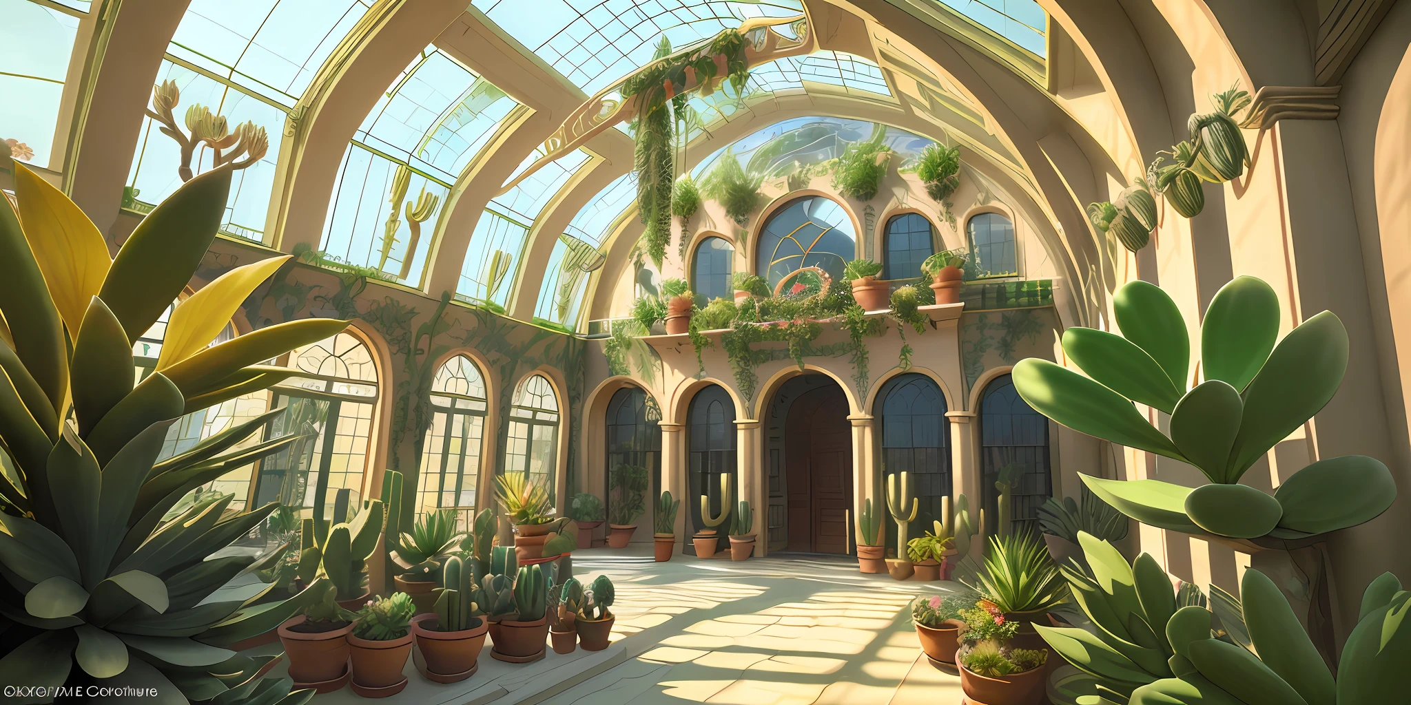 A gigantic greenhouse with pots of cactus and succulents, round beds with dragon-tree, agaves, saguaro, cereus, fig, date palm, flowers, vines, orchids, bromeliads, large ornate glass windows, ornaments, golden, many plants, tropical plants, marble walls, dynamic light, 8K, masterpiece, ultra detailed, beautiful.