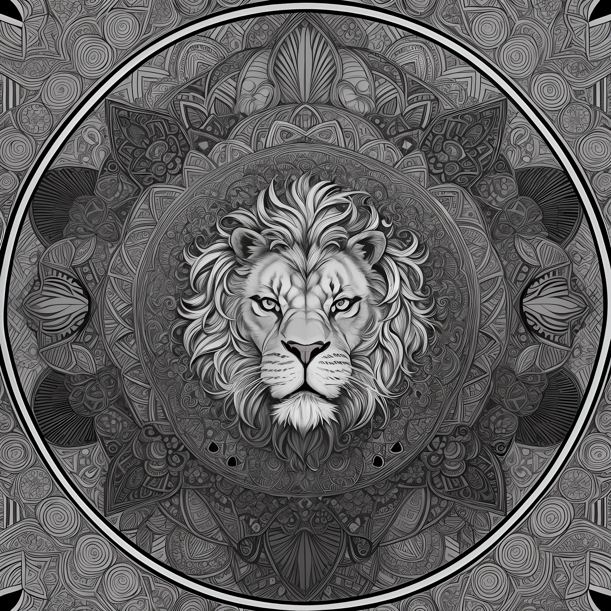 monocrome, coloring page for adults,vectoring, mandala, lion image (insert animal type), white background, clean line art, fine line art