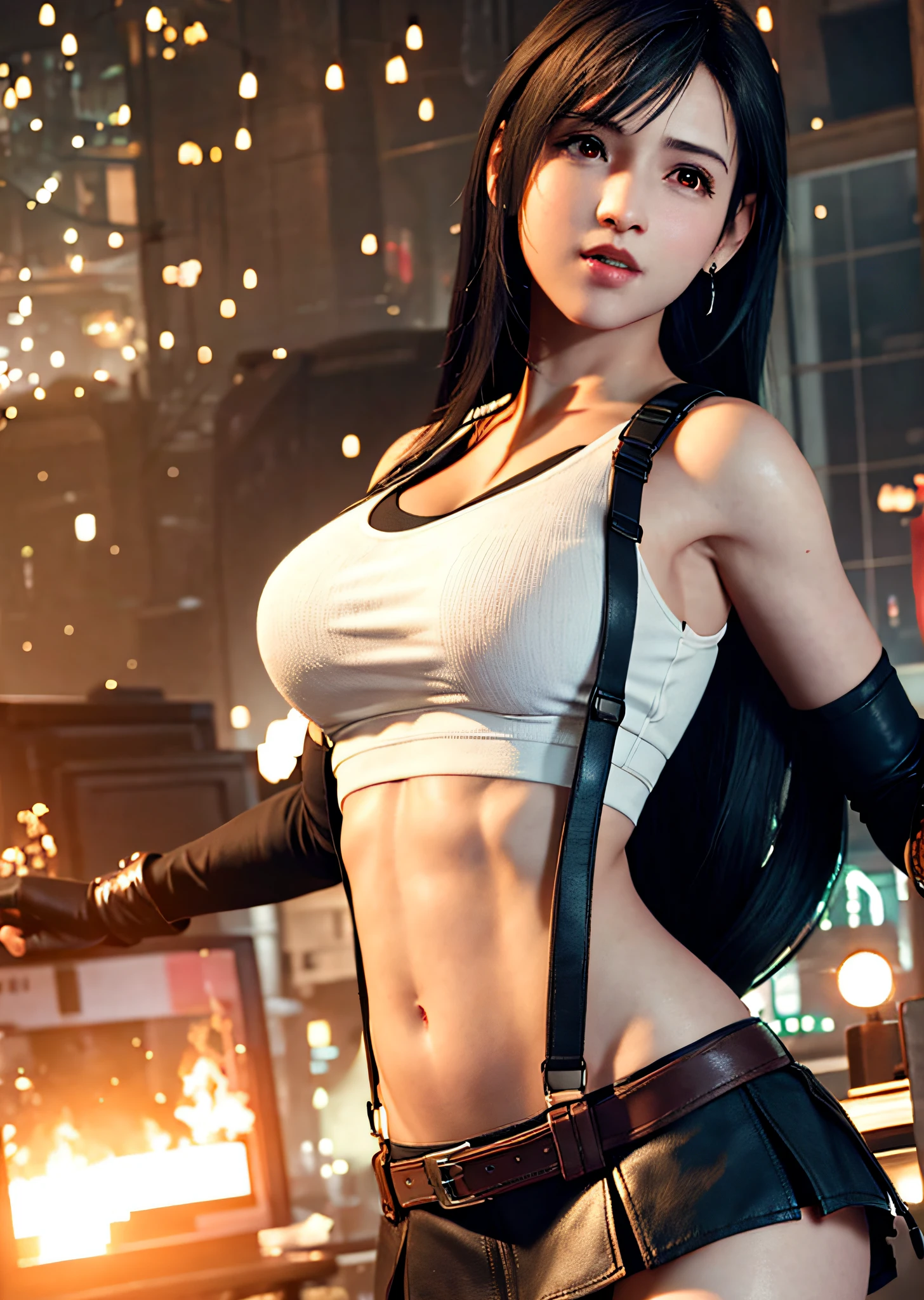 (Photorealistic: 1.4), top quality, very delicate and beautiful, high resolution, 1girl, tifa_lockhart, smile, cowboy shot, suspenders, low rise, mini skirt, tank top, tense shirt, black hair, long hair, elbow gloves, beautiful detailed red eyes, face light, movie lighting, navel, high exposure, abdomen exposure, ribs, abs, ( gigantic breasts: 1.2), dynamic poses, dynamic angles,