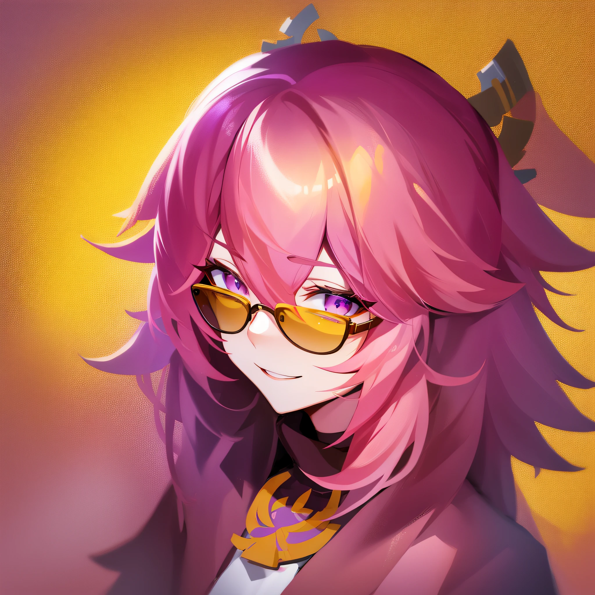 yae miko wearing trendy yellow sunglasses, yellow background, pink hair, purple eyes