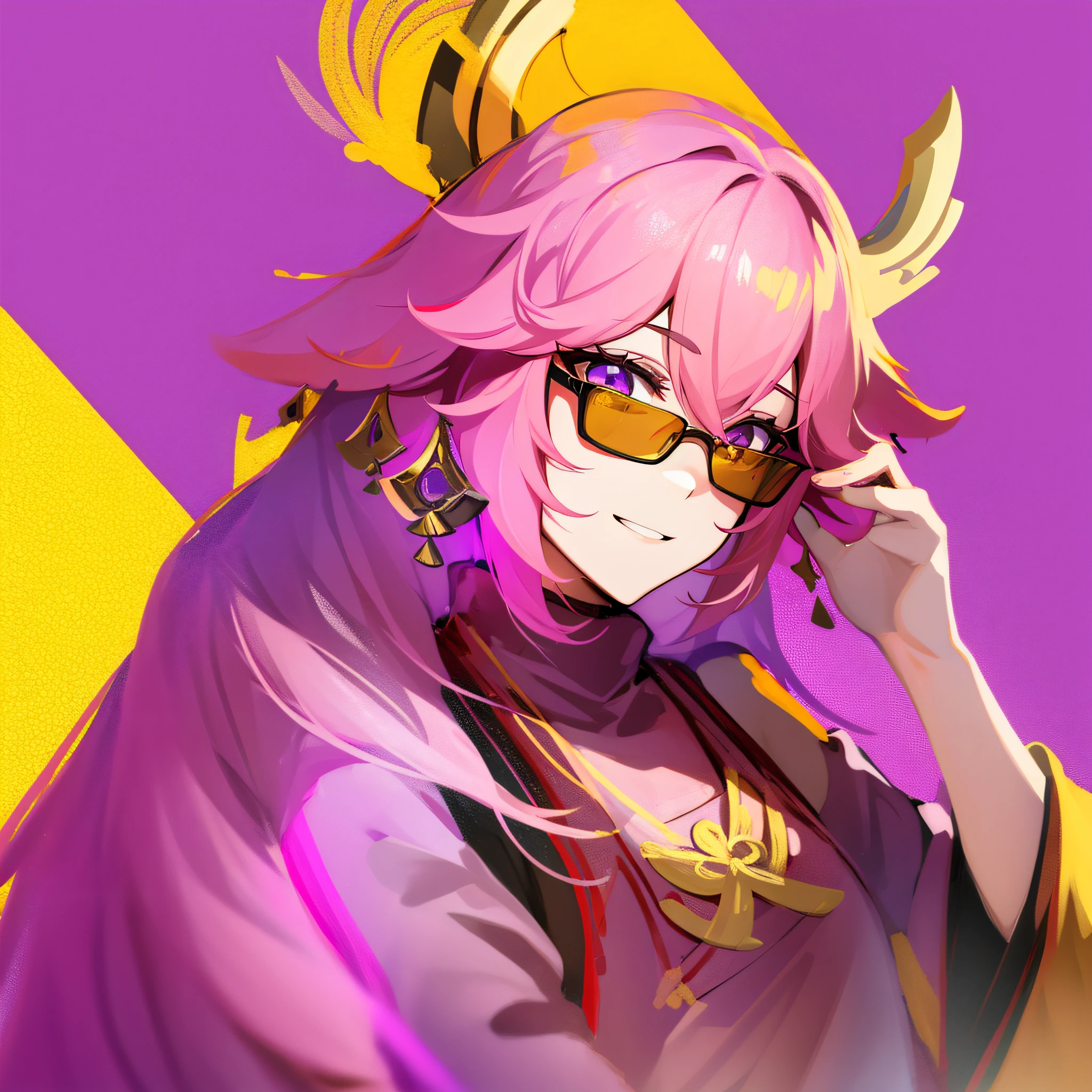 yae miko wearing trendy yellow sunglasses, yellow background, pink hair, purple eyes
