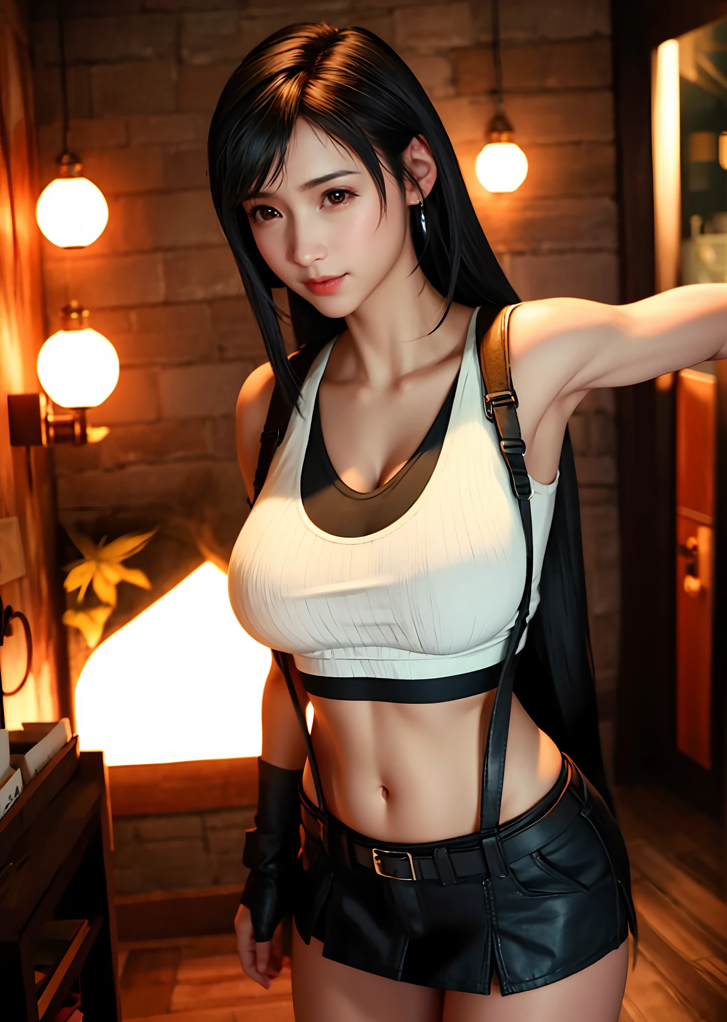 (Photorealistic: 1.4), top quality, very delicate and beautiful, high resolution, 1girl, tifa_lockhart, smile, cowboy shot, suspenders, low rise, mini skirt, tank top, tense shirt, black hair, long hair, elbow gloves, beautiful detailed red eyes, face light, movie lighting, navel, high exposure, abdomen exposure, ribs, abs, ( gigantic breasts: 1.2), dynamic poses, dynamic angles,