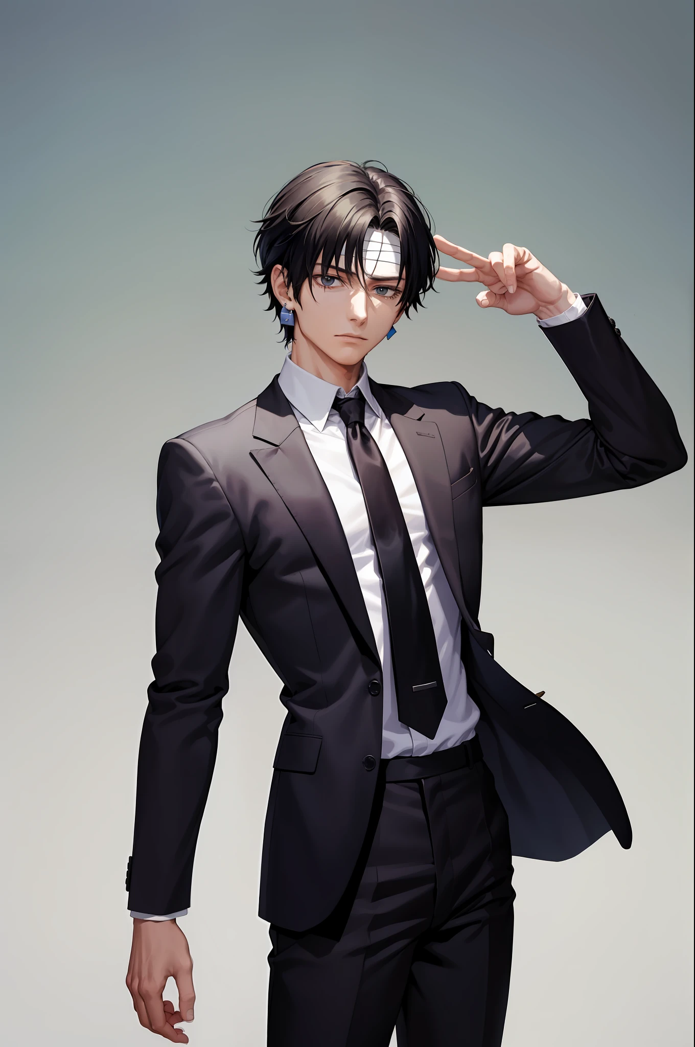 (masterpiece, best quality:1.2), cowboy shot, solo, male focus, 1boy, chrollo lucilfer, expressionless, closed mouth, crossed arms, formal, black suit, collared shirt, black necktie, black pants, black pants, jewelry, bandages, (blood:1.1)