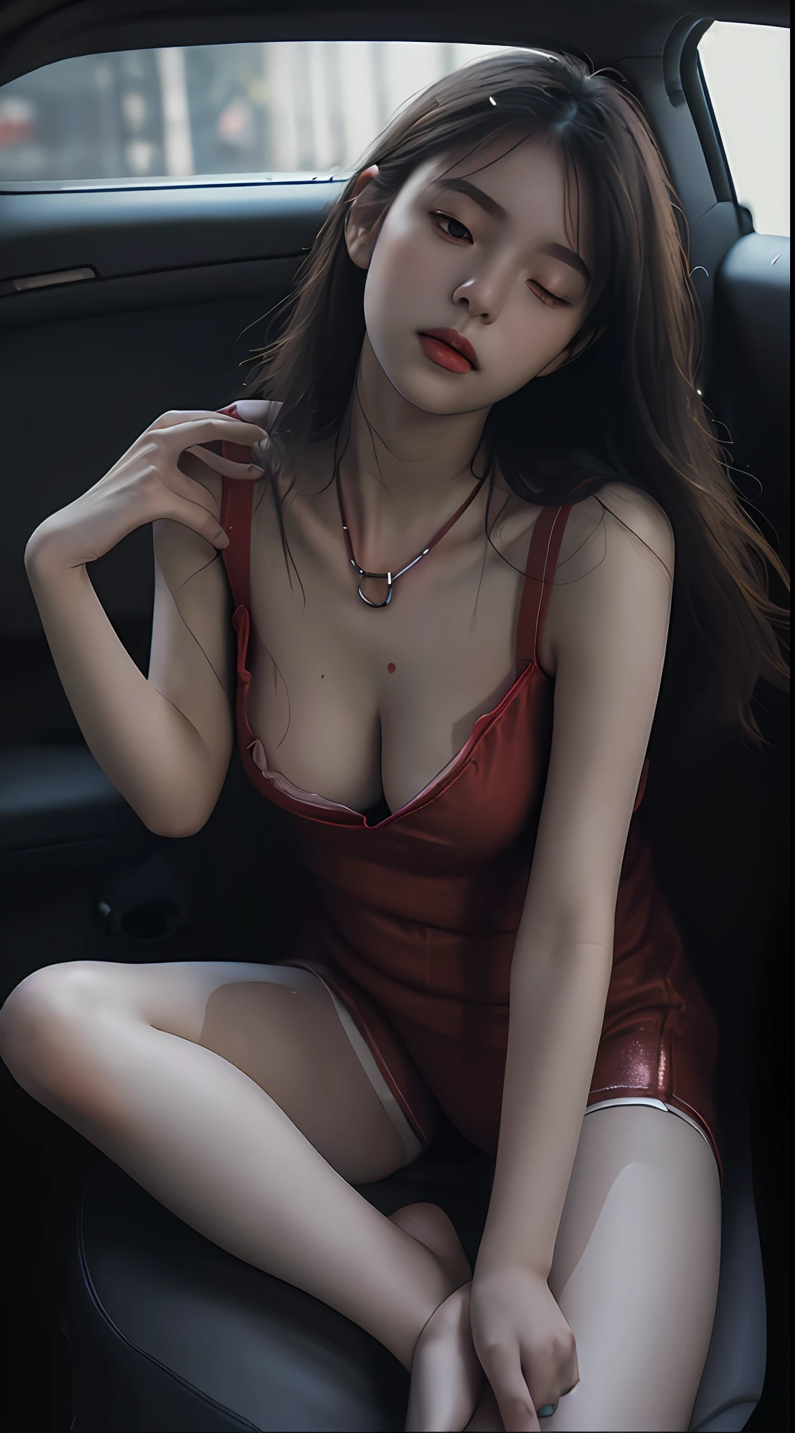 Cool Beauty Beauty Serious Theme, ulzzang-6500-v1.1, (Raw photo:1.2), (Photorealistic:1.4),Seen from below, Beautiful detailed girl, Beautiful breasts with neat lower body small breast proportions, Very detailed eyes and face, Beautiful detailed eyes, ridiculous, incredibly ridiculous, huge file size, super detailed, high resolution, very detailed, top quality, masterpiece, venue with a lewd atmosphere, ((Japan girl underground idol)), illustration, very detailed, cg, unification, 8k wallpaper, wonderful, fine details, (tiny little breasts, the most lewd expression sexually aroused with eyes closed), small breasts, beautiful lower body neat and beautiful proportions, ( with a sensual look, no makeup) masterpiece, Top quality, highly detailed CG uniform 8k wallpaper, light on face, boyfriend's bed in the dark, mini nightgown in disheveled outfit of a 17-year-old girlexpression (no panties) (no bra)), ((posing lying down with hands raised in the car seat))), (showing small breasts), (half), disheveled outfit is sexual mini nightgown) ((without panties) ( No bra)), (Lying down with hands raised in a car seat in the dark, exposing soft skin) (Composition poses with a sensual expression 17-year-old girl leaning againstlying with her hands raised) (Red dog collar and chain leash around her neck)) (Lying down with hands raised) (ecstatic sensual look), (Sensual expression 17-year-old girl, no makeup) disheveled nightgow , ((sexual dynamic pose))), (camel toe), (hands extended up), (legs open and thighs o-open), (hands extended up), (show unobstructed crotch), (red pantyhose), ((no panties)), (sitting legs bending knees)) ((legs open and open to thigh))) (red lighting on the left side of the screen, shadows and dark areas on the right side) (strobe lighting) (arms back) (red lighting on the left side of the screen, dark areas with shadows on the right) (extreme shading) (glittering red-blue light light) (low co