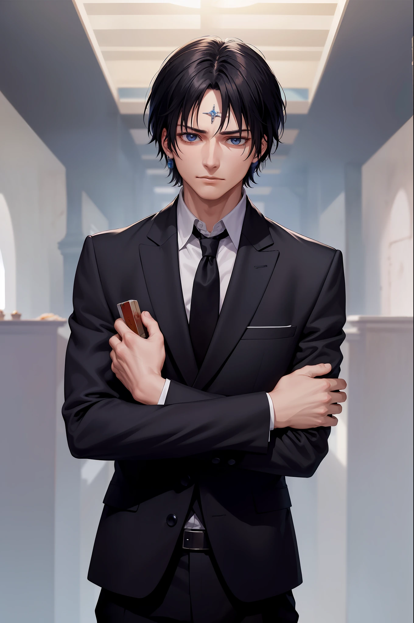 (masterpiece, best quality:1.2), cowboy shot, solo, male focus, 1boy, chrollo lucilfer, expressionless, closed mouth, crossed arms, formal, black suit, collared shirt, black necktie, black pants, black pants, jewelry, bandages, (blood:1.1)
