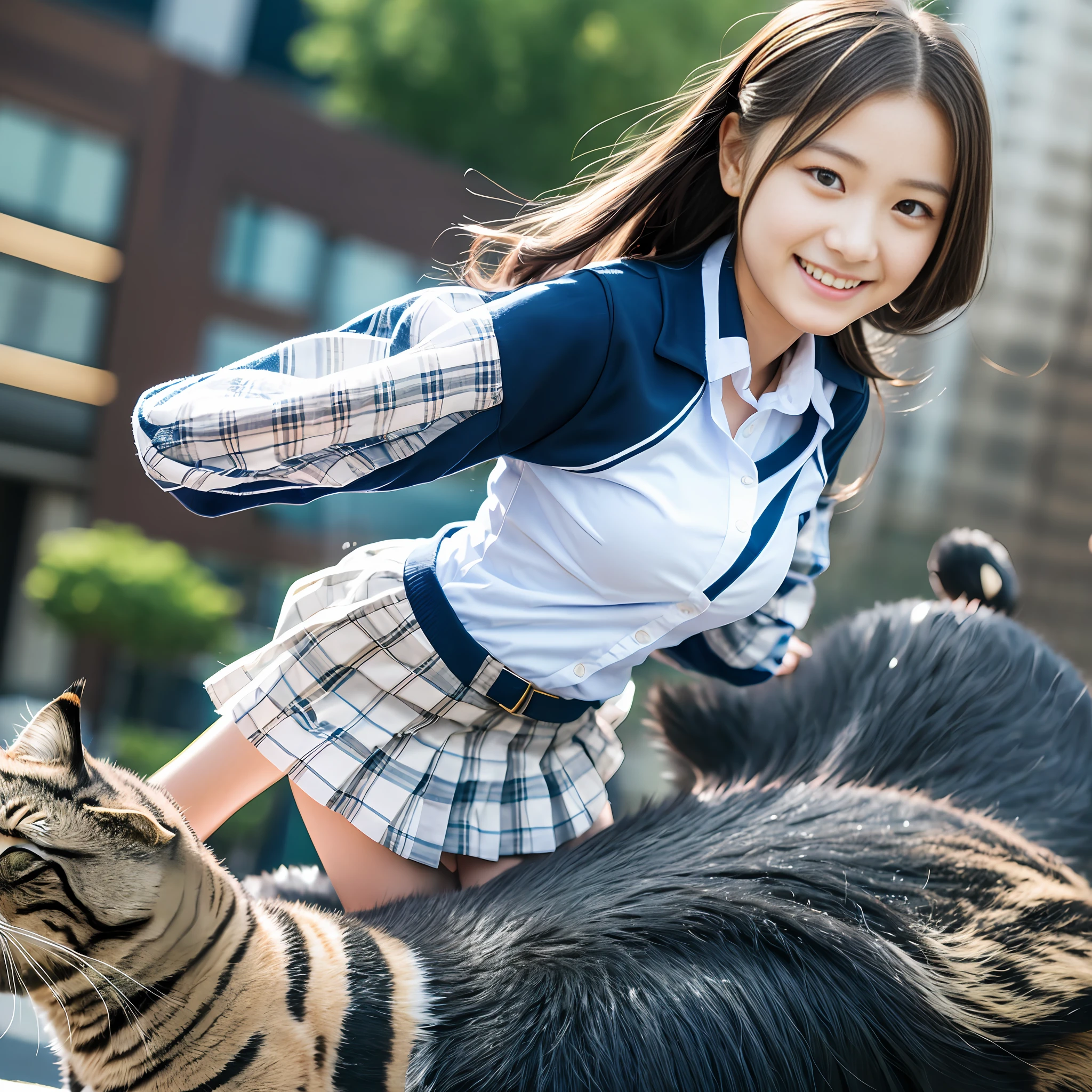 (8k, RAW photo, best quality, masterpiece:1.2), (realistic, photo-realistic:1.37),
Natural, ultra high res, Super Detail, Ultra Detailed,
Detailed Skin, Sharp Focus, bokeh, glossy texture, depth of field, shiny hair, shiny skin BREAK
1 girl, japanese, children, (14 yo:1.6), young, young girls, baby face, Smooth skin, Without Makeup,
black hair, black eyes, glowing eyes, large breasts BREAK
school uniform, (a girl riding on a giant cat:1.3),
city street, (smile:1.5), looking at viewer, upper body, face close up, strong wind BREAK
BREAK