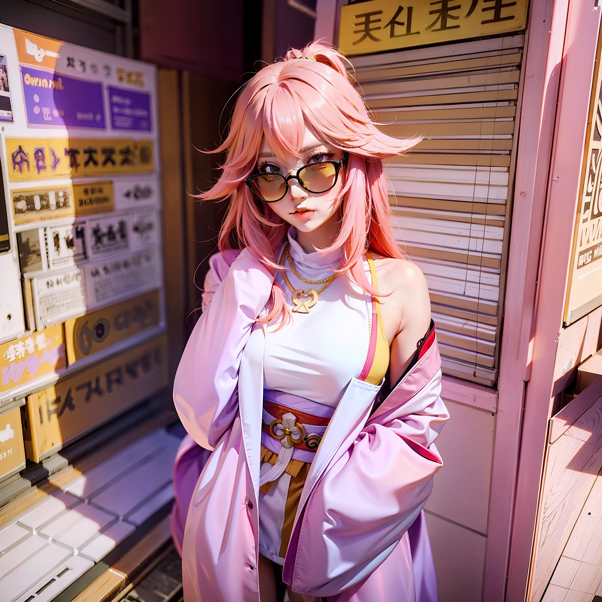 yae miko wearing trendy yellow sunglasses, Korean fashion clothes, pink hair, purple eyes