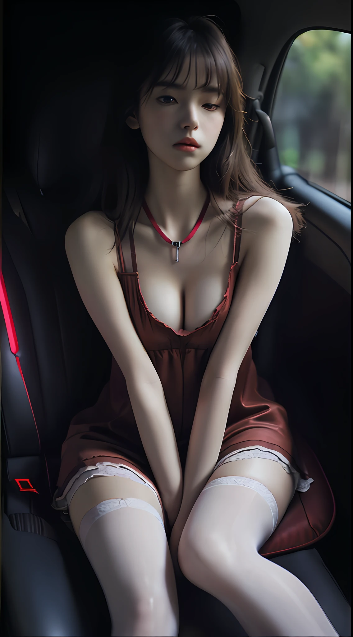 Cool Beauty Beauty Serious Theme, ulzzang-6500-v1.1, (Raw photo:1.2), (Photorealistic:1.4),Seen from below, Beautiful detailed girl, Beautiful breasts with neat lower body small breast proportions, Very detailed eyes and face, Beautiful detailed eyes, ridiculous, incredibly ridiculous, huge file size, super detailed, high resolution, very detailed, top quality, masterpiece, venue with a lewd atmosphere, ((Japan girl underground idol)), illustration, very detailed, cg, unification, 8k wallpaper, wonderful, fine details, (tiny little breasts, the most lewd expression sexually aroused with eyes closed), small breasts, beautiful lower body neat and beautiful proportions, (17-year-old girl with a sensual look, no makeup) masterpiece, Top quality, highly detailed CG uniform 8k wallpaper, light on face, boyfriend's bed in the dark, mini nightgown in disheveled outfit of a 17-year-old girl with a sensual expression (no panties) (no bra)), ((posing lying down with hands raised in the car seat))), (showing small breasts), (half), disheveled outfit is sexual mini nightgown) ((without panties) ( No bra)), (Lying down with hands raised in a car seat in the dark, exposing soft skin) (Composition poses with a sensual expression 17-year-old girl leaning against a car seat and lying with her hands raised) (Red dog collar and chain leash around her neck)) (Lying down with hands raised) (ecstatic sensual look), (Sensual expression 17-year-old girl, no makeup) disheveled nightgown ((no panties)) , ((sexual dynamic pose))), (camel toe), (hands extended up), (legs open and thighs o-open), (hands extended up), (show unobstructed crotch), (red pantyhose), ((no panties)), (sitting legs bending knees)) ((legs open and open to thigh))) (red lighting on the left side of the screen, shadows and dark areas on the right side) (strobe lighting) (arms back) (red lighting on the left side of the screen, dark areas with shadows on the right) (extreme shading) (glittering red-blue light light) (low co