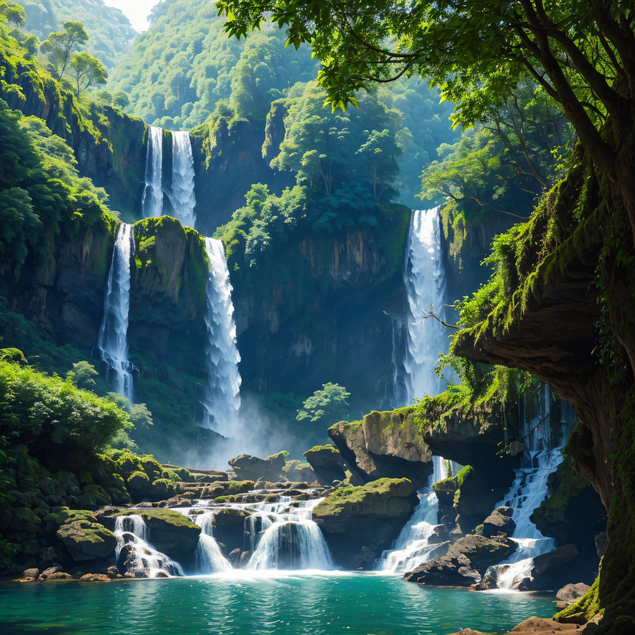 Image of waterfall with large vegetation birds trees large animals drinking water