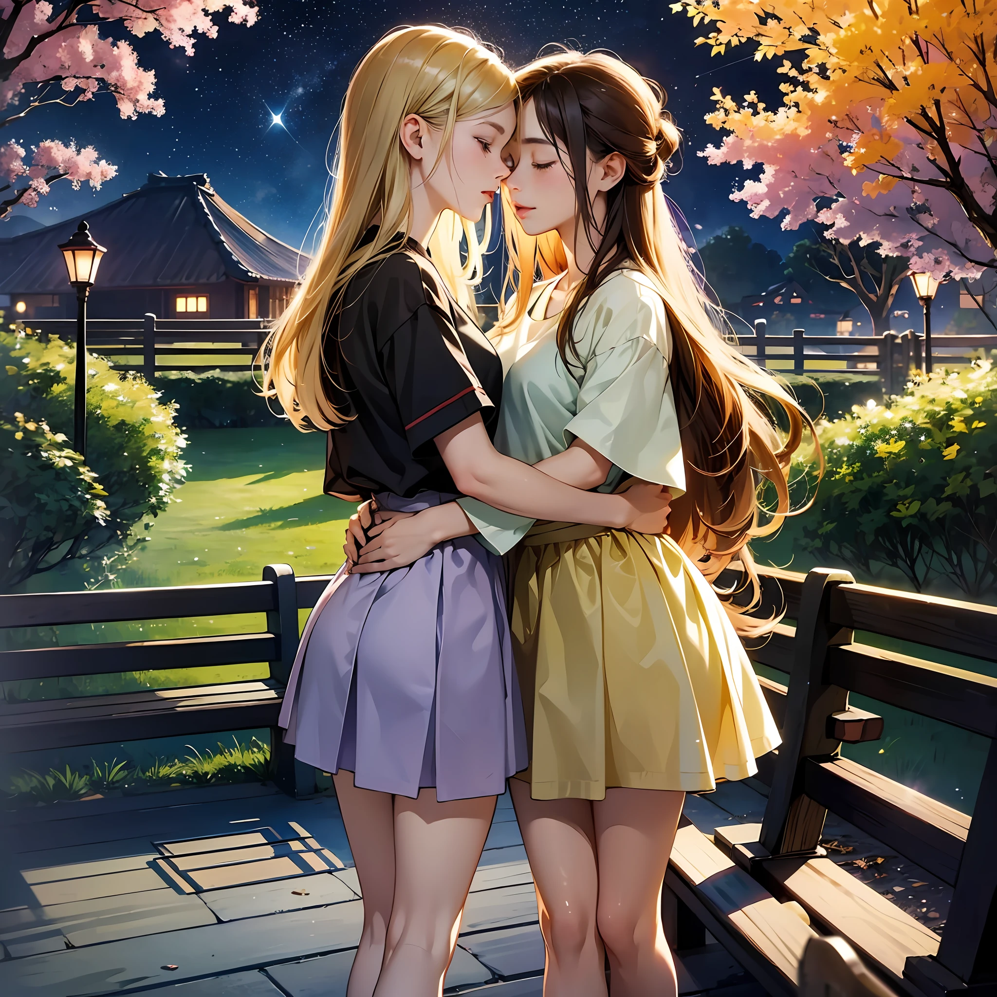 Ultra quality, masterpiece, anime, 2d, animation, Japanese style art, colorful japanese manga, 2 girls, medium blonde hair and lilac eyes, medium brown hair and brown eyes, casual clothes, skirt, t-shirt, dress, french kiss, kiss on the mouth, tongue kiss, intimate, nsfw, salivas, standing, flushed faces, closed eyes, night, dark lighting, stars, moon, bench, trees,  green, grass, park --auto --s2