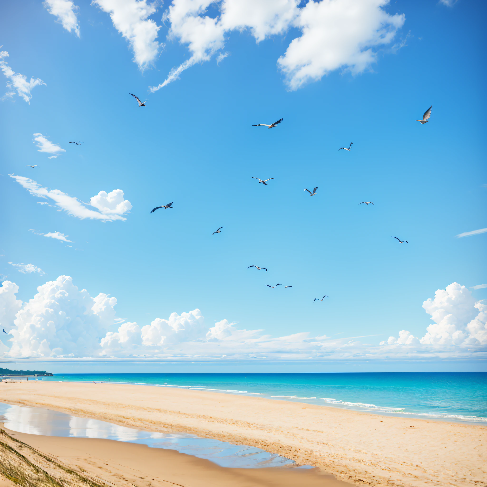 a picture of the beach with blue sky flying birds