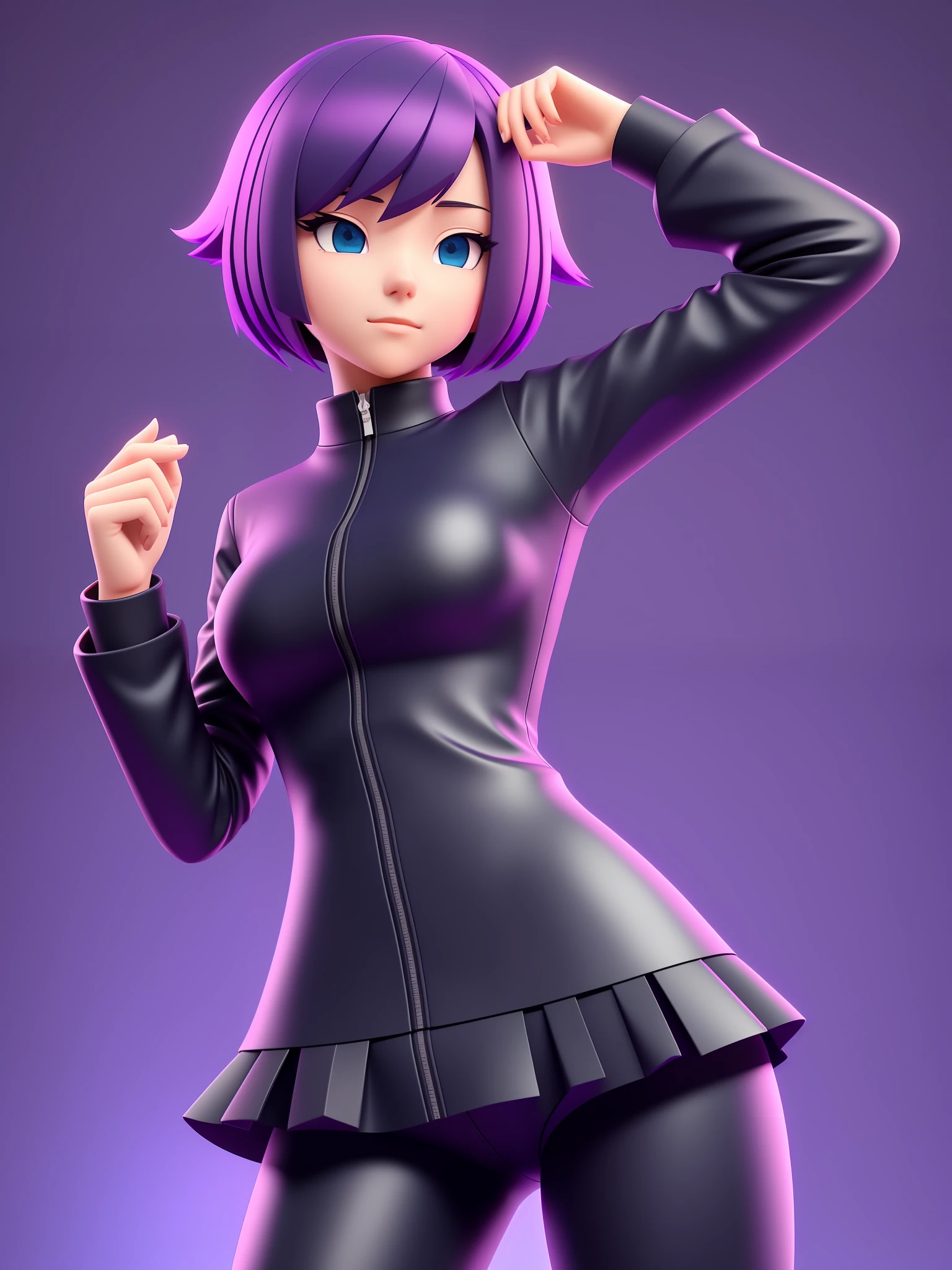 Young girl, a cartoon character light dark purple outfit, (short hair and dark blue), stylized character, animation character, stylized 3d render, 3d character, highly detailed character, stylized anime, stylized 3d, render character, character model, full body