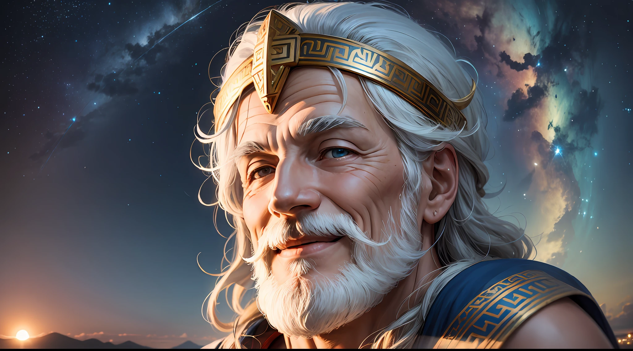 Smiling face of old greek god, bright scenery of divine sky, night scene --auto --s2