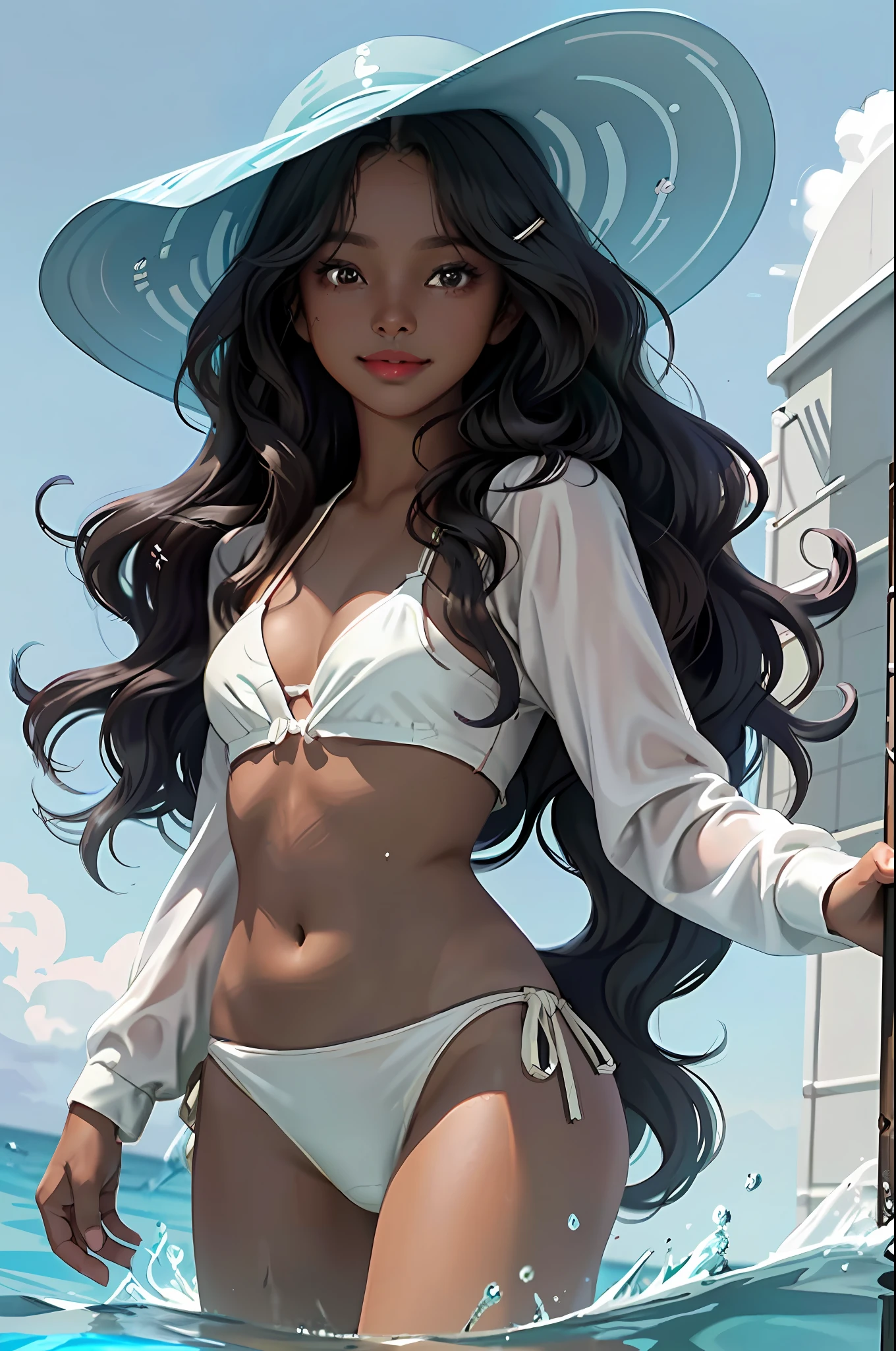 (best quality, masterpiece), 1girl, (dark skin:1.2), curly hair, wavy hair, bikini, ocean, in water, wet, wide brim, happy