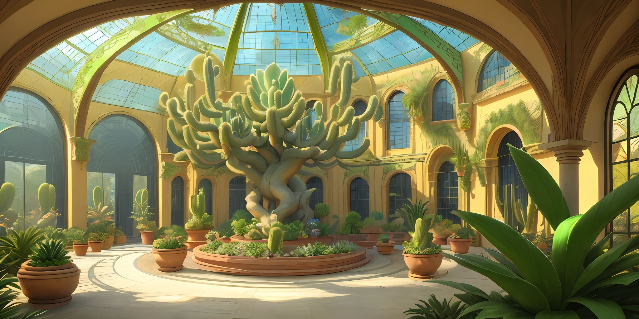 A gigantic greenhouse with pots of cactus and succulents, round beds with dragon-tree, agaves, saguaro, cereus, fig, date palm, flowers, vines, orchids, bromeliads, large ornate glass windows, ornaments, golden, many plants, tropical plants, marble walls, dynamic light, 8K, masterpiece, ultra detailed, beautiful.