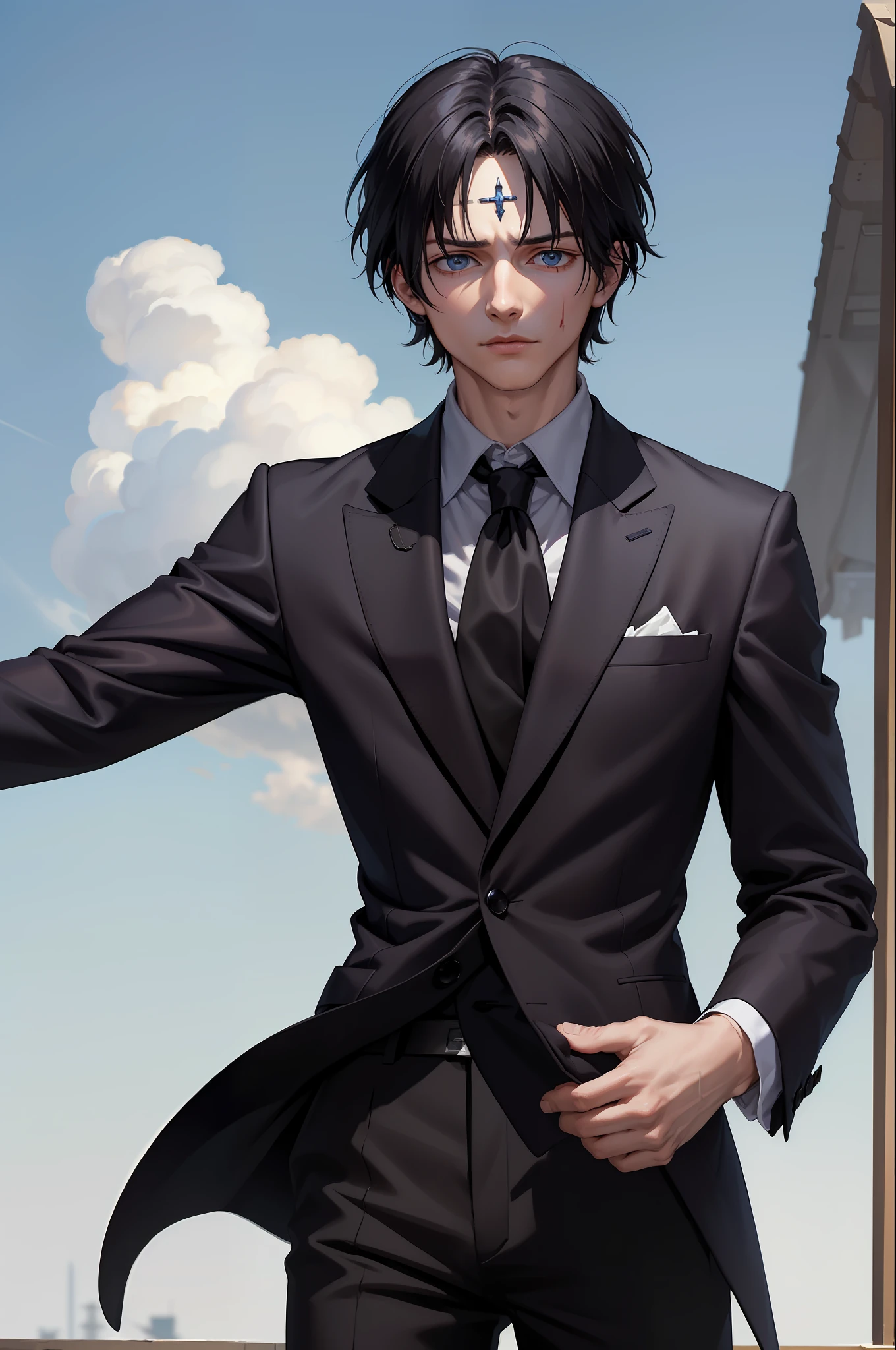 (masterpiece, best quality:1.2), cowboy shot, solo, male focus, 1boy, chrollo lucilfer, expressionless, closed mouth, formal, black suit, collared shirt, black tie, black pants, black pants, jewelry, bandages, (blood:1.1)