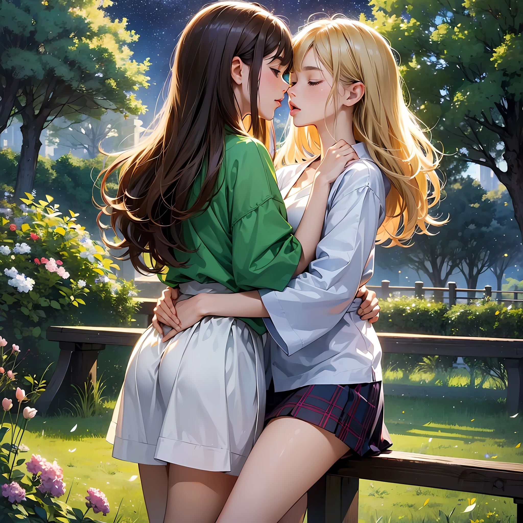 Ultra quality, masterpiece, anime, 2d, animation, Japanese style art, colorful japanese manga, 2 girls, medium blonde hair and lilac eyes, medium brown hair and brown eyes, casual clothes, skirt, t-shirt, dress, french kiss, kiss on the mouth, tongue kiss, intimate, nsfw, salivas, standing, flushed faces, closed eyes, night, dark lighting, stars, moon, bench, trees,  green, grass, park --auto --s2