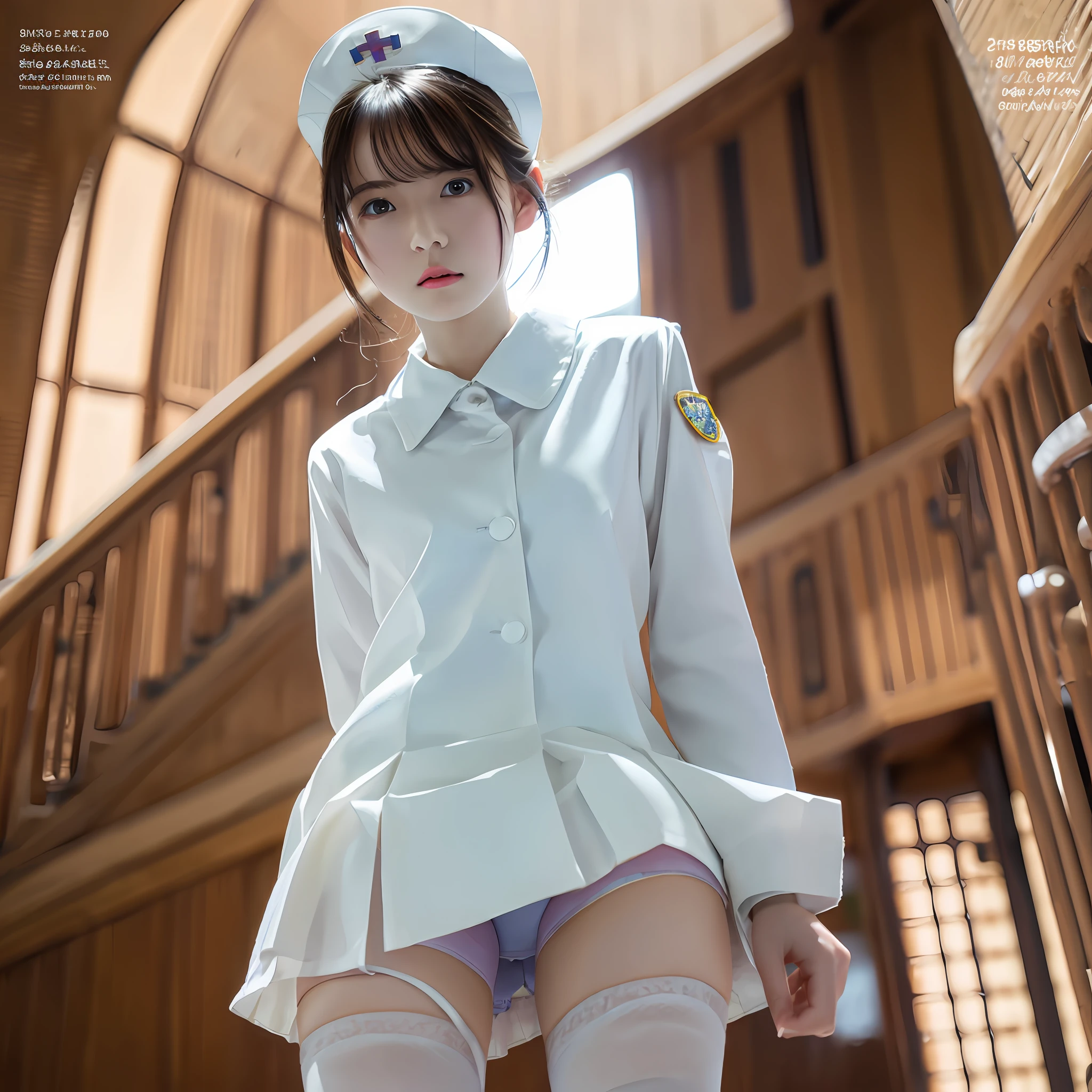 Top Quality, White Skin, Real Human Skin, (Detailed), Oval Face, Pore, Ultra High Definition, (8k, RAW Photos, Photorealistic: 1.4), One Girl, Slim, Nurse, Mini Skirt, Photo from Below
