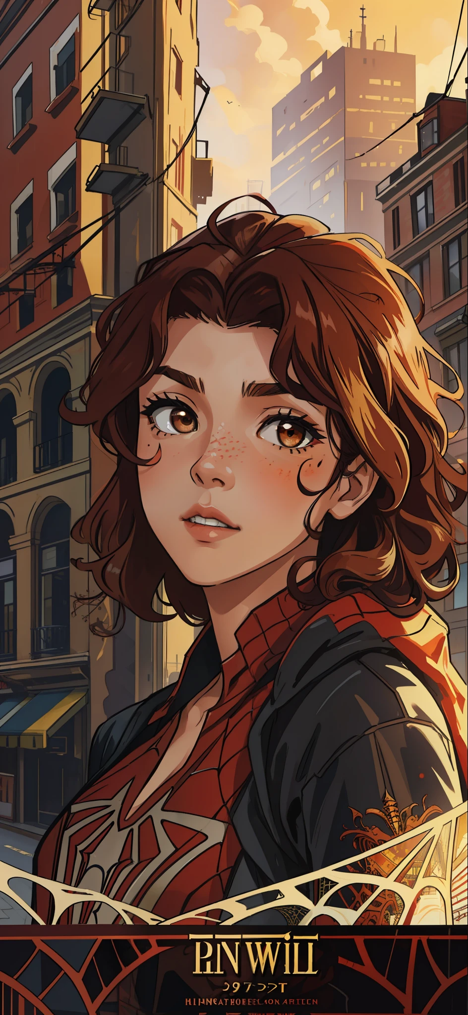 (masterpiece, best quality), intricate details, 8k, artstation, wallpaper, official art, splash art, sharp focus,
1girl, curly hair, brown eyes, brown hair, scarlet tip hair
spider suit, spider web printing, spider web,
skyscrapers, city, buildings, cars, street,