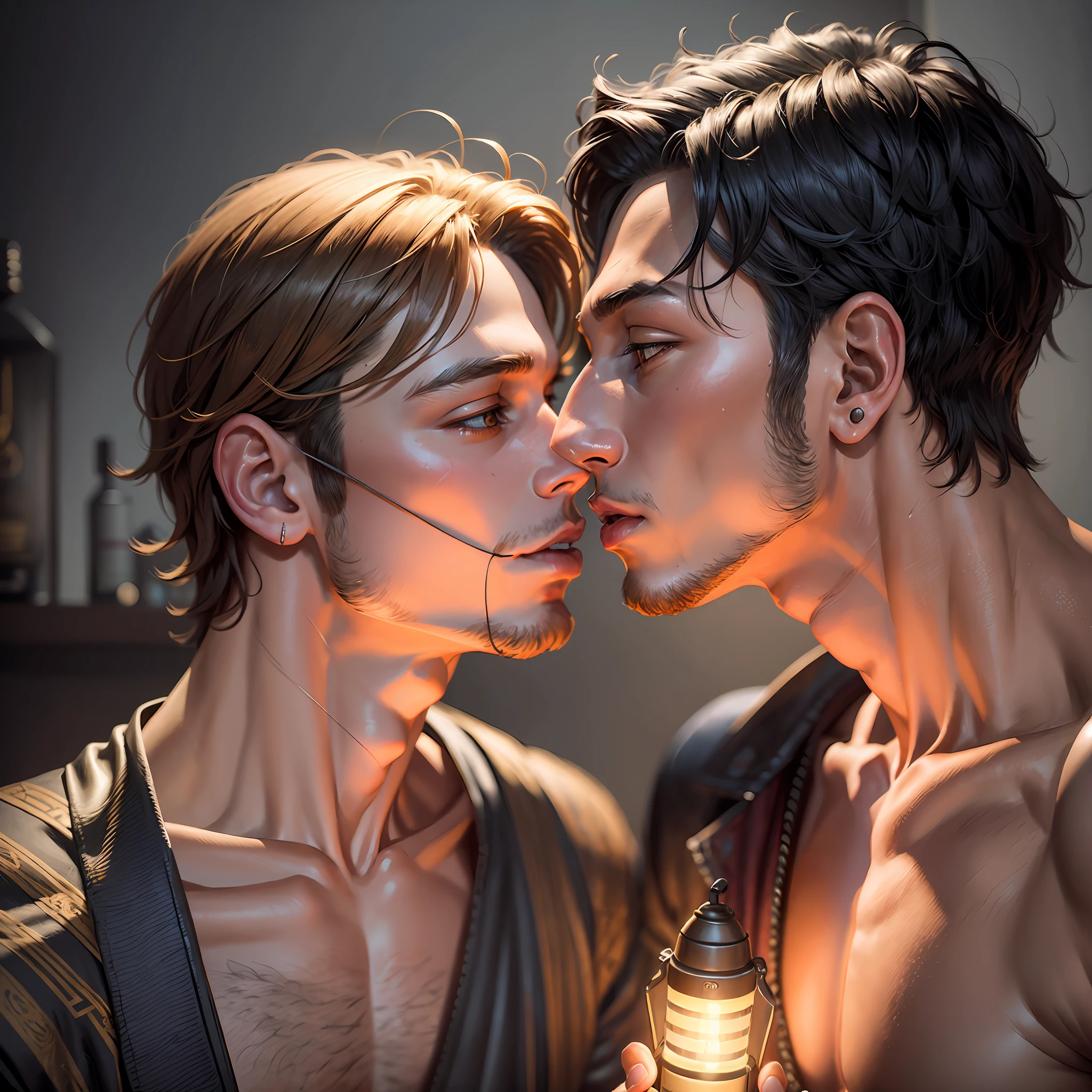 two men, boyfriends, kiss,, flashlight, termplo in the background, body defined, beautiful<, oriental, realistic, cinematic, high quality, 16k, best quality, high details, super detail --auto --s2