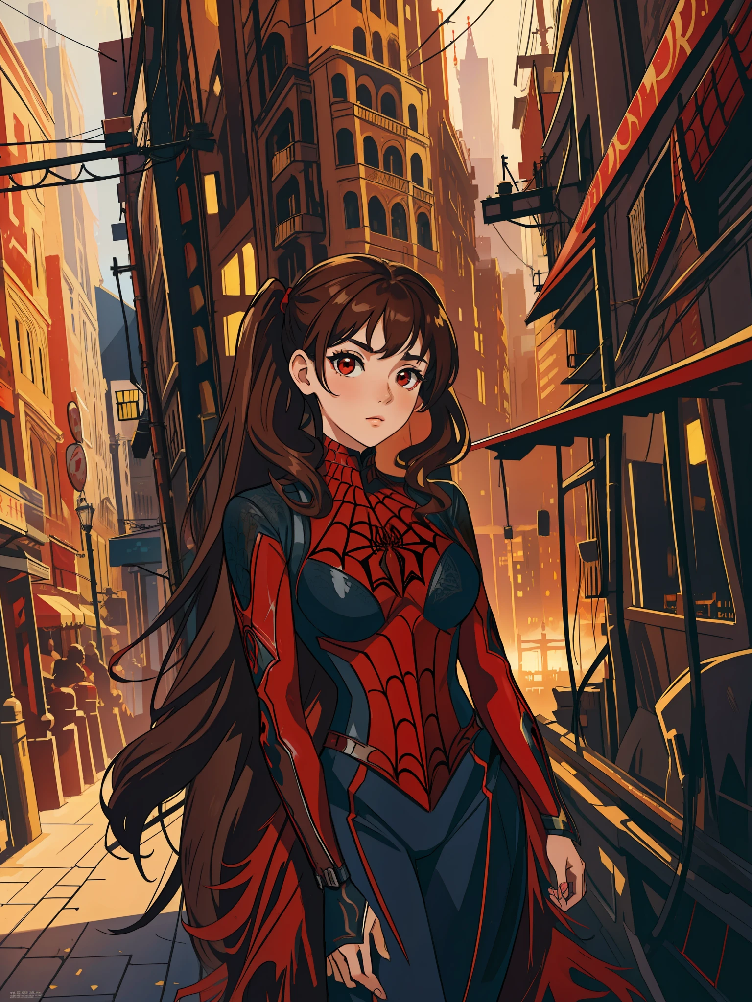 (masterpiece, best quality), intricate details, 8k, artstation, wallpaper, official art, splash art, sharp focus,
1girl,long curly hair, twin tails, red eyes, brown hair, 
 spider suit, spider web printing, spider web,  
skyscrapers, city, buildings, cars, street,