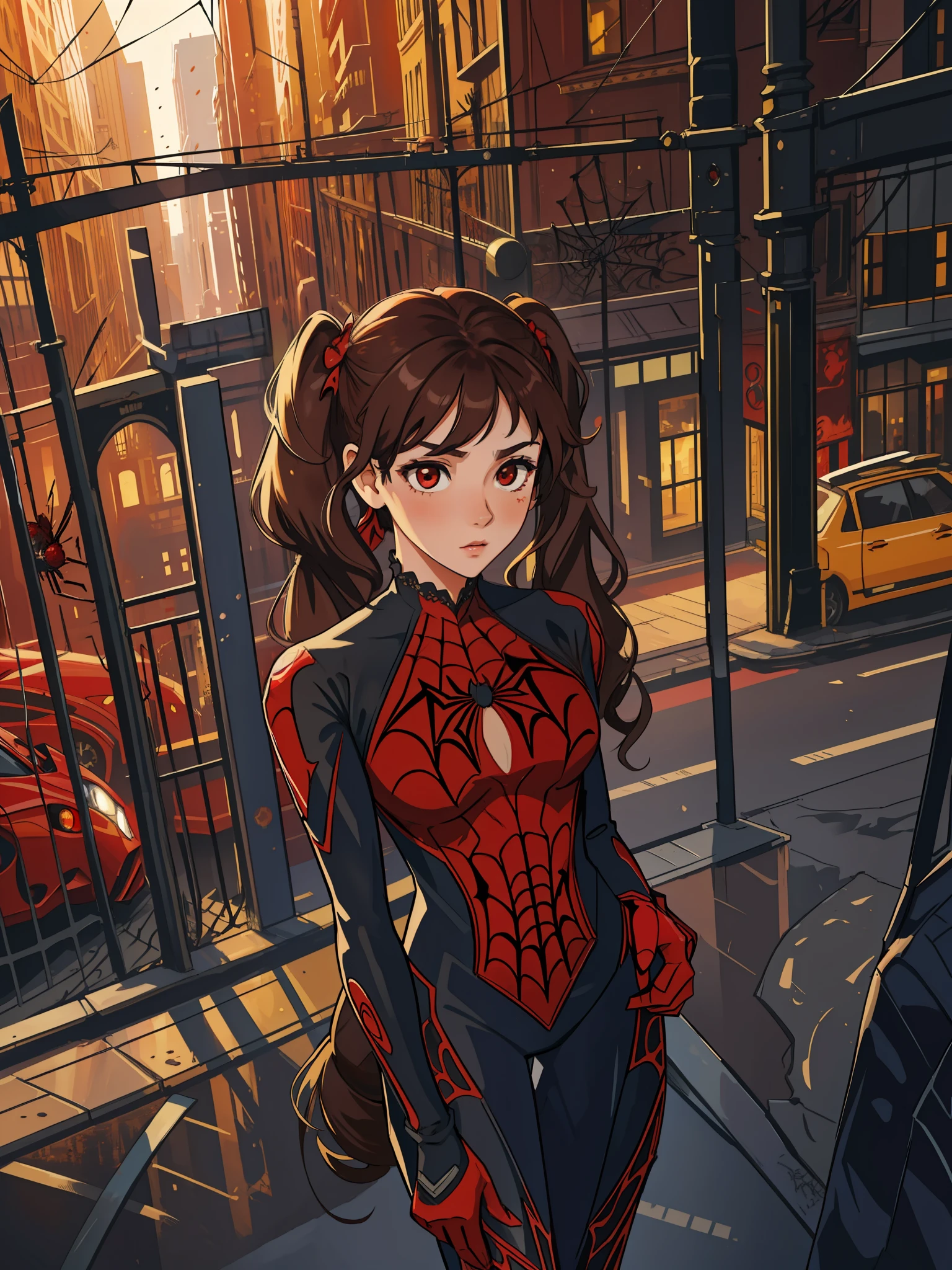 (masterpiece, best quality), intricate details, 8k, artstation, wallpaper, official art, splash art, sharp focus,
1girl,long curly hair, twin tails, red eyes, brown hair, 
 spider suit, spider web printing, spider web,  
skyscrapers, city, buildings, cars, street,