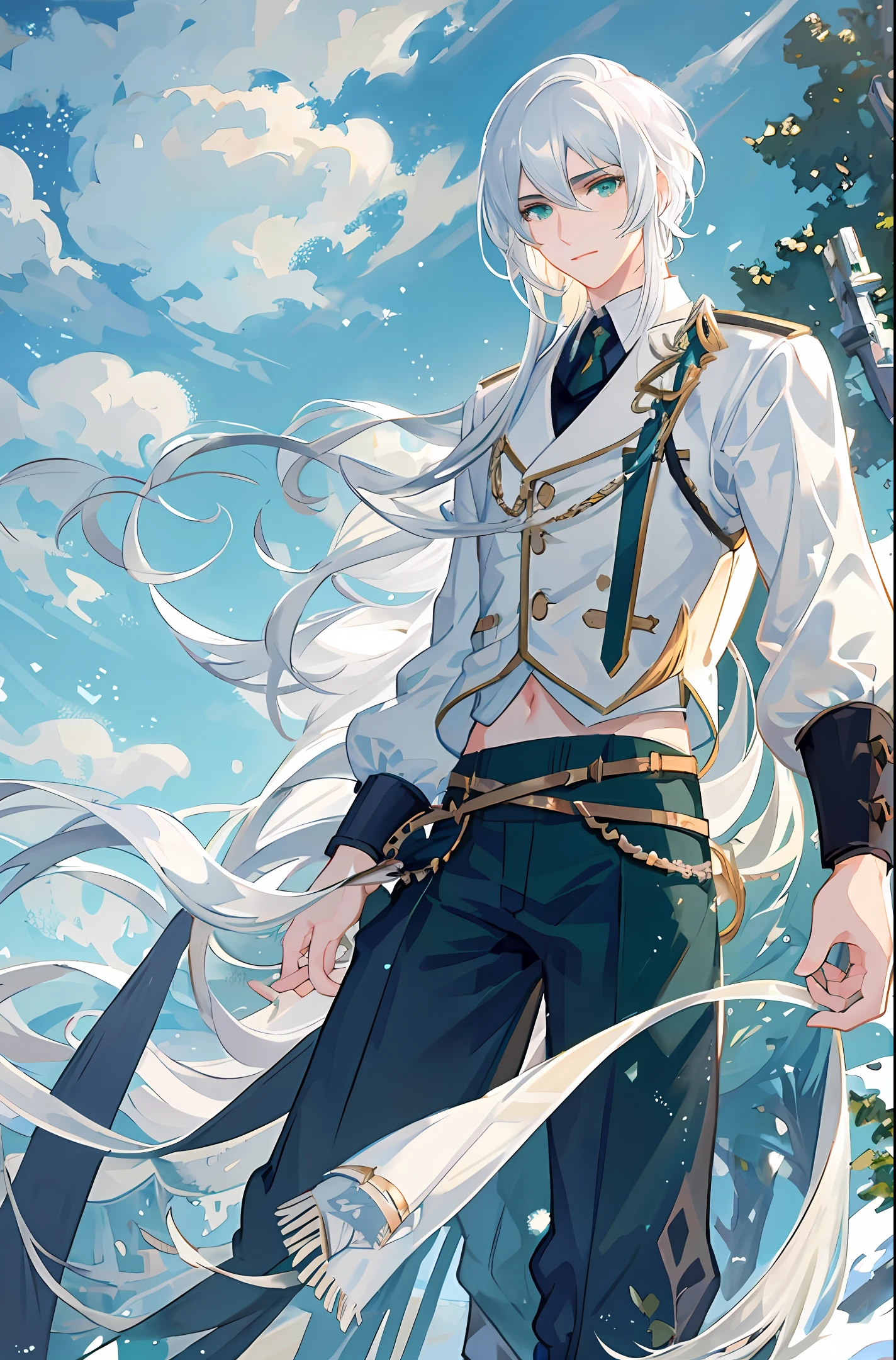best quality, masterpiece, white hair, 1boy, detailed, green eyes, windy, floating hair, snowy, full body, detailed face, winter, trees, sun, midriff, raytracing