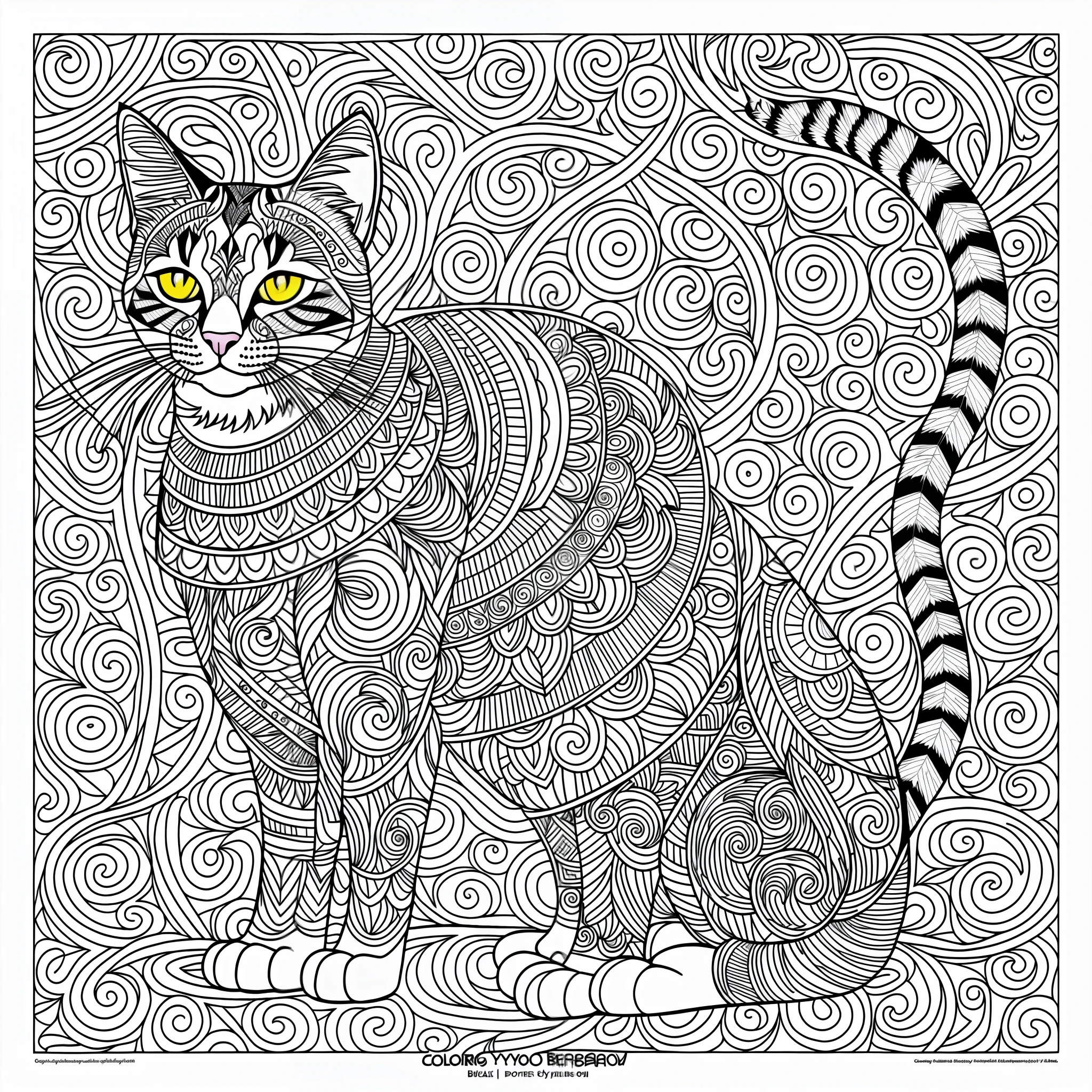 coloring book style, a cat of any breed, highly detailed, monochrome