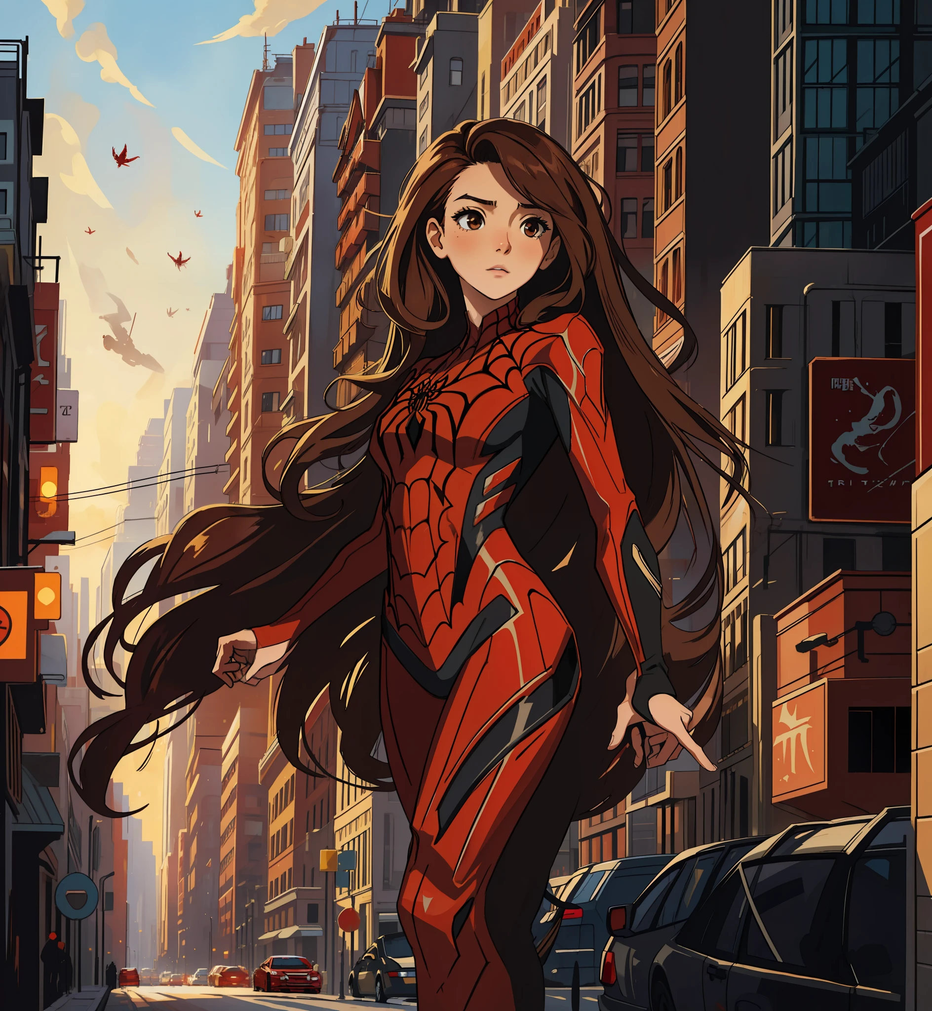 (masterpiece, best quality), intricate details, 8k, artstation, wallpaper, official art, splash art, sharp focus, girl, long hair, brown eyes, brown hair and red stirs,
spider suit, spider web printing, spider web,
skyscrapers, city, buildings, cars, street,