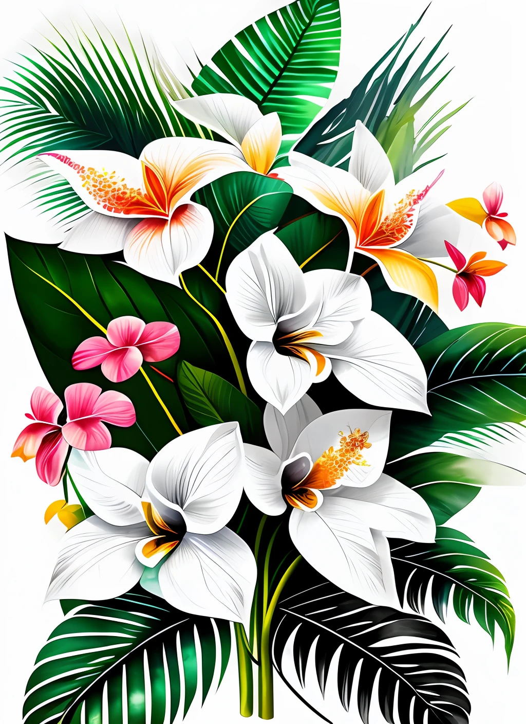 Immense bouquet of tropical flowers in watercolor, including vibrant orchids, hibiscus, and bromeliads. Soft brushstrokes capture the lushness of the flora. Green foliage background creates an exotic ambiance (t-shirt design,vector-art) (on a white background:1.4) as a t-shirt logo in the style of art     6,  from: -1x-1,  0.6  Midjourney --auto --s2