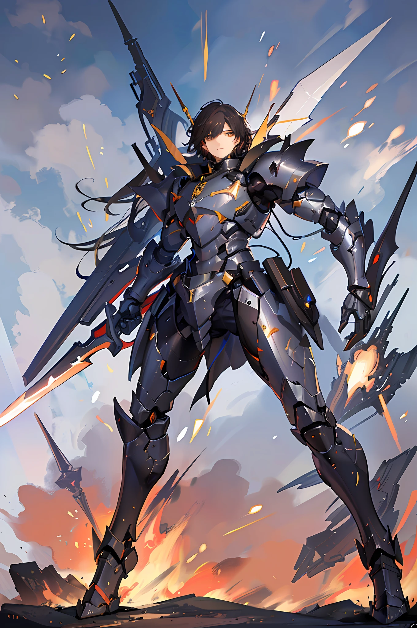 One Man, black short hair, brown eyes, determined face, wearing a mecha knight armor, holding a mecha sword, action pose, masterpiece, detailed illustration, best quality