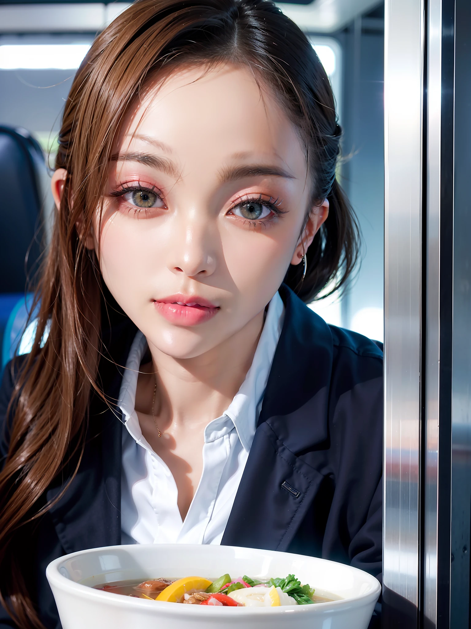 Solo,Woman,(Look away), (Open lips,Bright smile),(Shiny skin:1.1),Blushing, (On Japan high-speed train), Cropped Wearing jacket and sweater, Pants, Skin dents, Portrait, See photo, Best Quality, Ultra High Resolution, (Photorealistic), (Detailed Face and Eyes), Namie Amuro