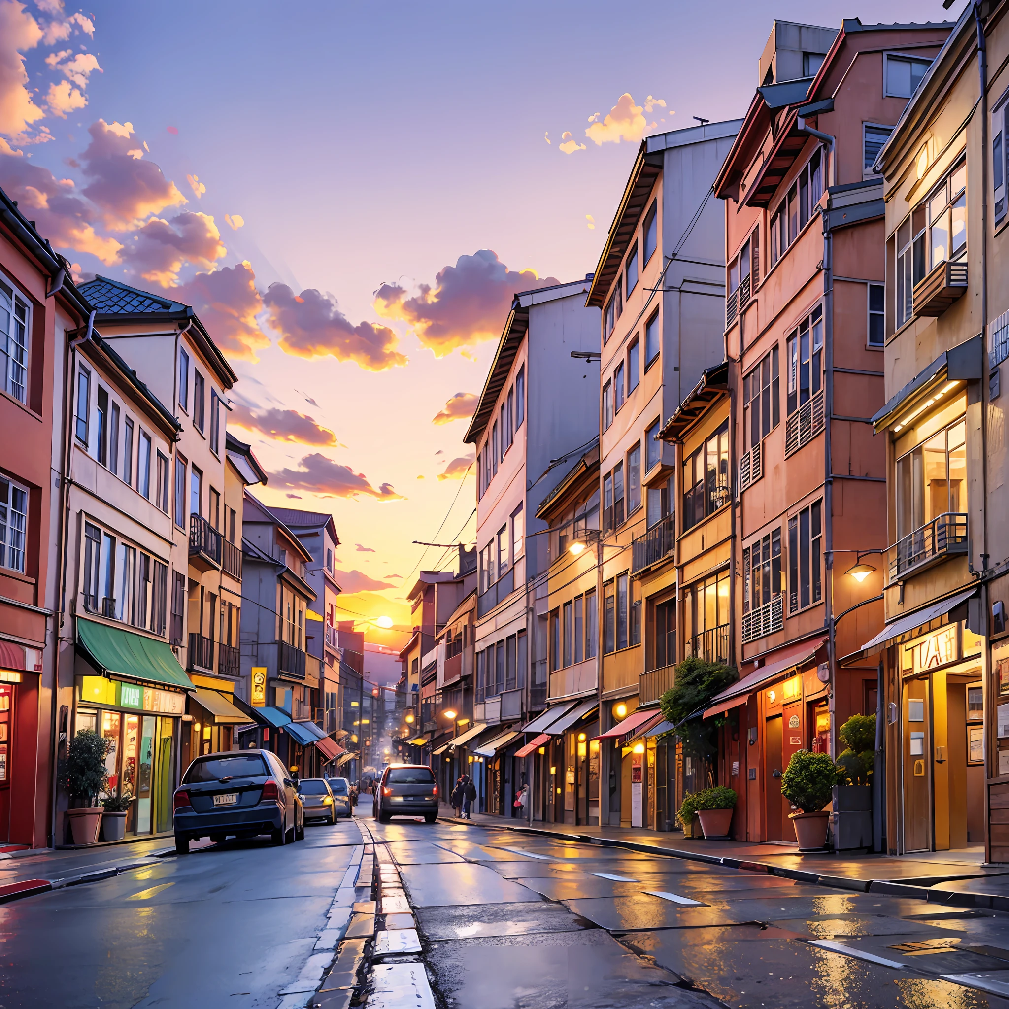 Street with low buildings sunset shops and people teansitanando --auto --s2
