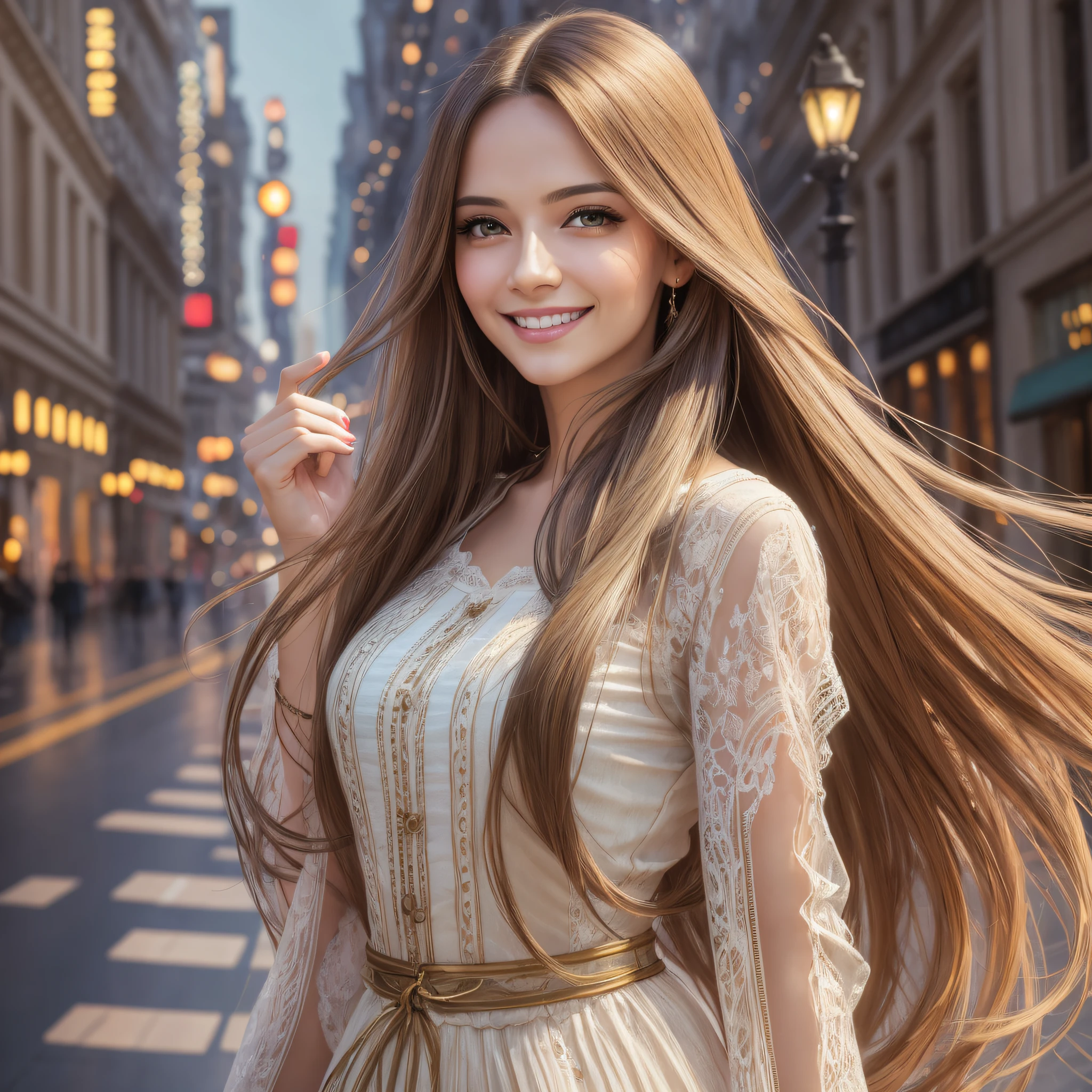 Beautiful woman, happy, long straight hair, realistic photo, pointing up, technological background, streaked hair, makeup, smile, Impressionism, Expressionism, Romanticism, modern, cinematic lighting, UHD, best quality --auto --s2